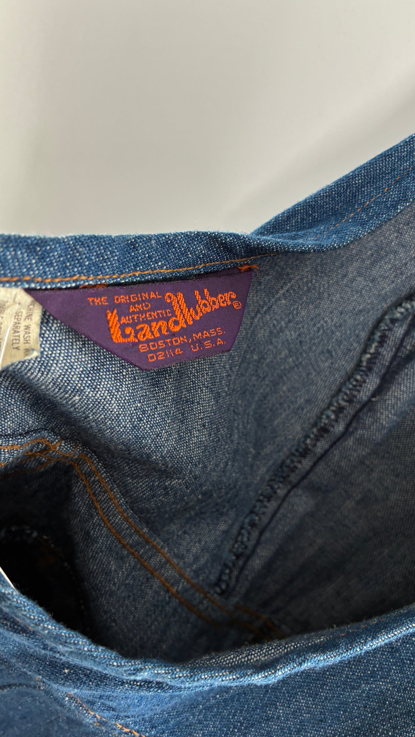 RARE Vintage 1970s Landlubber Medium Wash Denim, Sleeveless Halter, Wide Leg Bell Bottom, Jumpsuit (No Size on Tag, XS)
