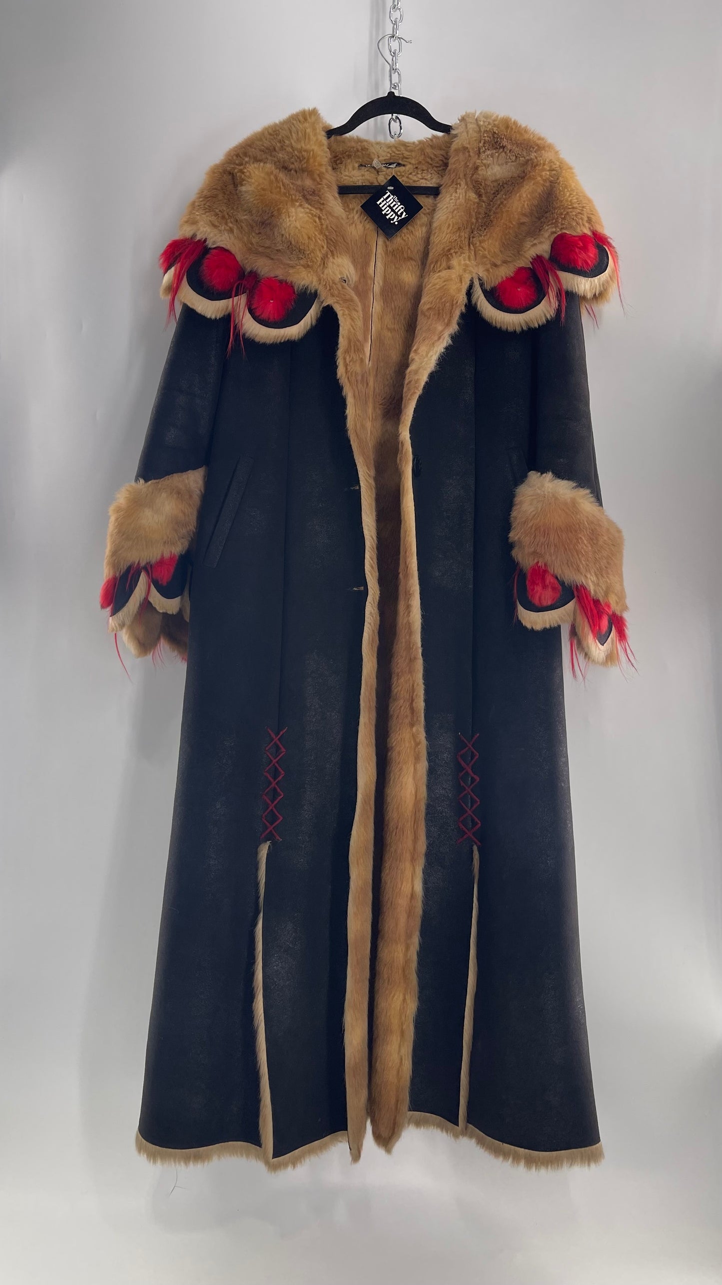 Vintage Russian Black Coat with Brown Fur Piping/Lining, Red Feathers, Scalloped Sleeve, and Hood (Medium)