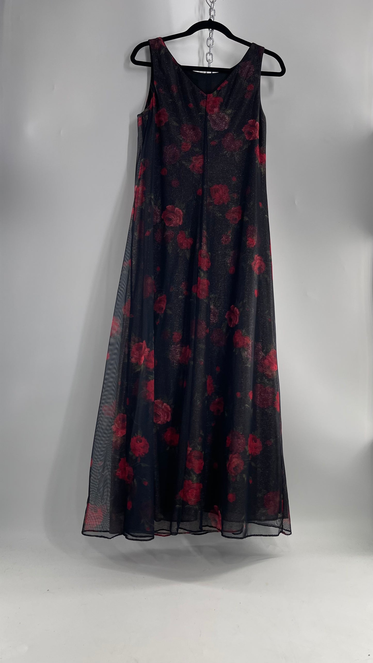 Vintage TEDDI EVENING Dress with Red Rose Layer Over Glitter Graphic and Black Base Layer (10)