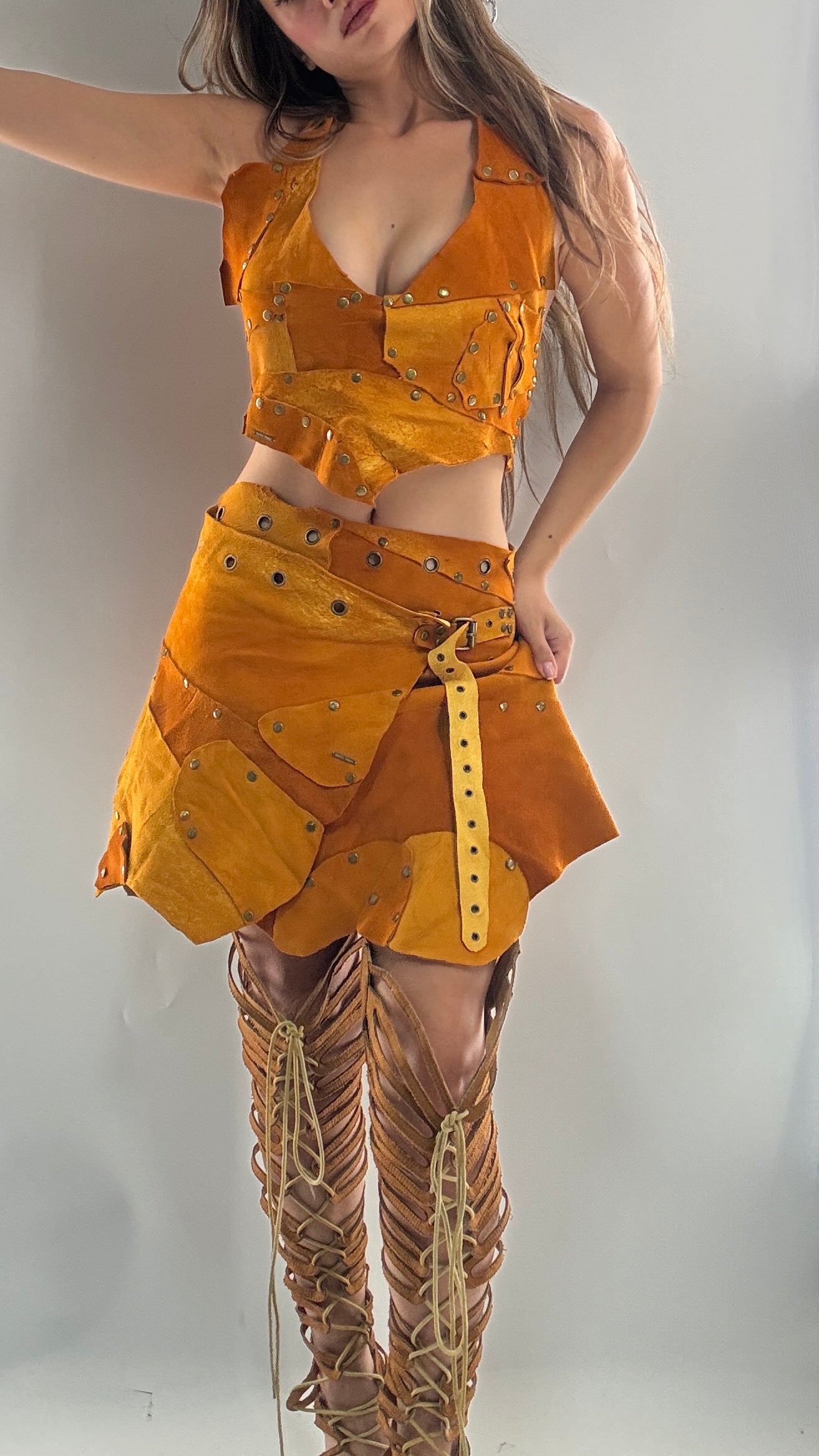 Handmade 1 of 1 and Pressed Genuine Suede and Pebbled Leather Reversible Corset Top and Grommet Skirt Set (XS-M)