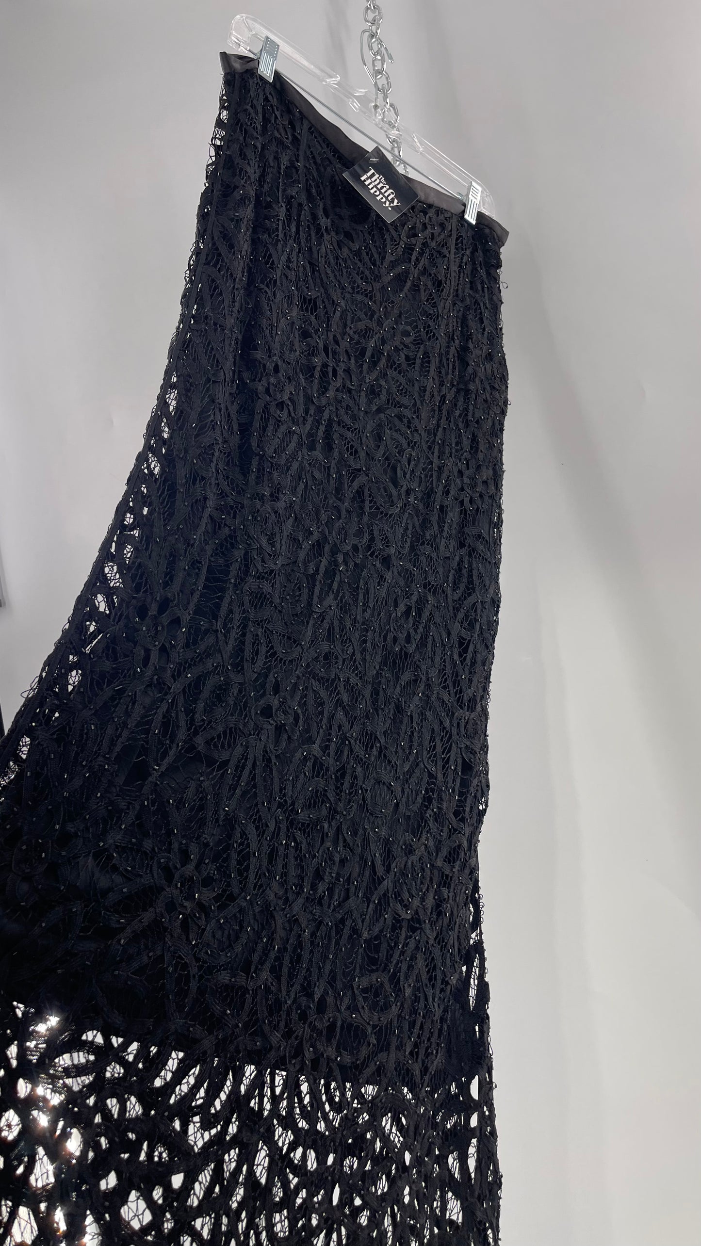 Vintage Black Beaded Lace Scalloped Edge and Satin Waistband Maxi Skirt (Large)