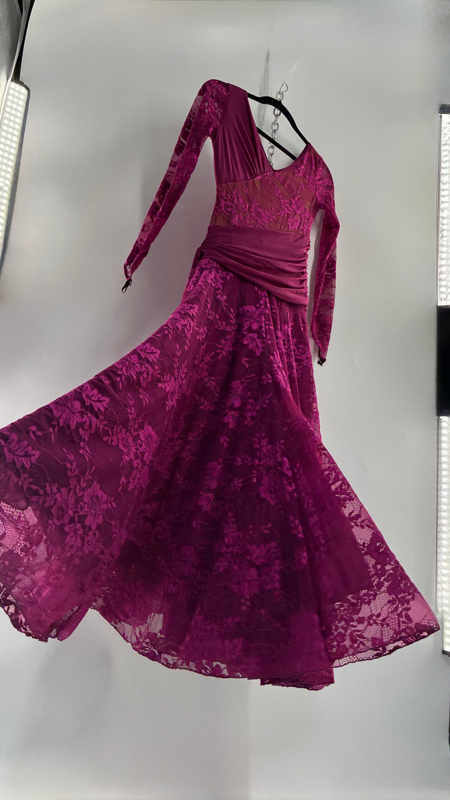Vintage Fuchsia Flamenco, Lace and Mesh Paneled Gown with Gloved Hand Detail (Small)