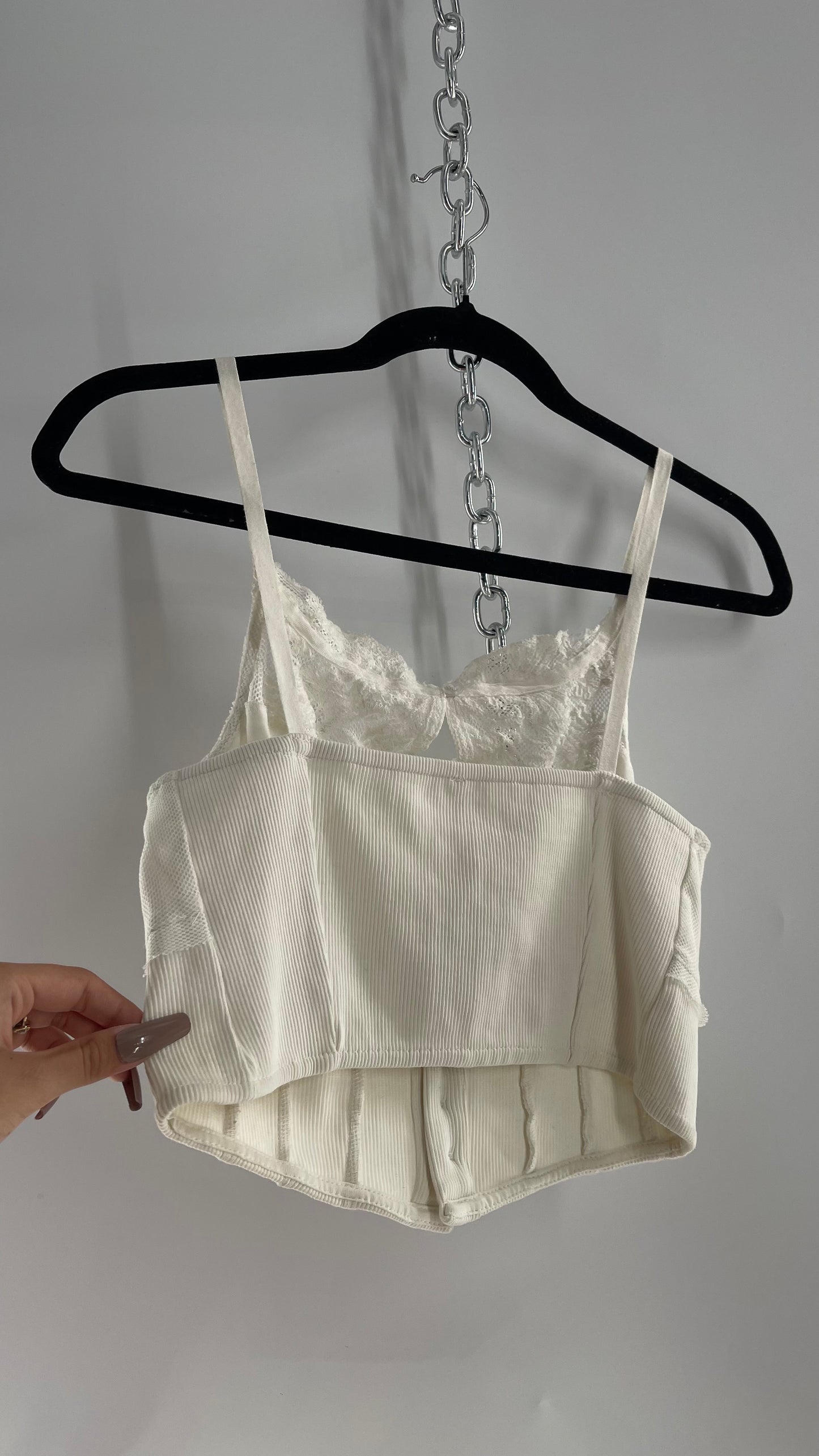 Free People White Tank with Lace Bust and High Neckline and Buttoned Bodice (S)