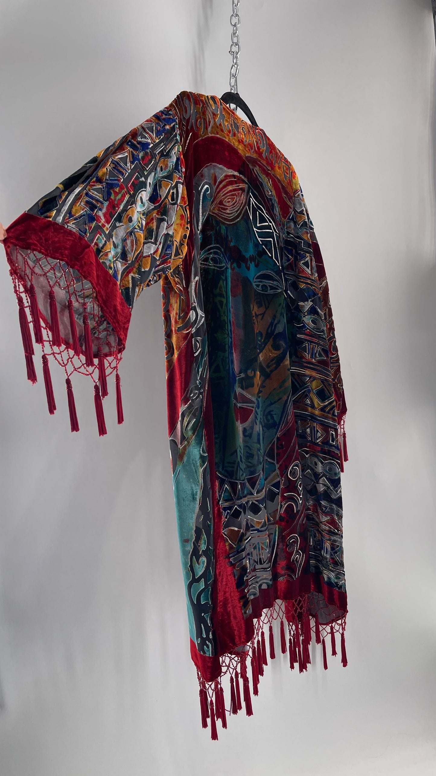 Vintage Burnout Buddhist Motif Velvet/Velour Beaded Fringe Duster Coat/Kimono with Tassel Sleeves and Hems (M/L)