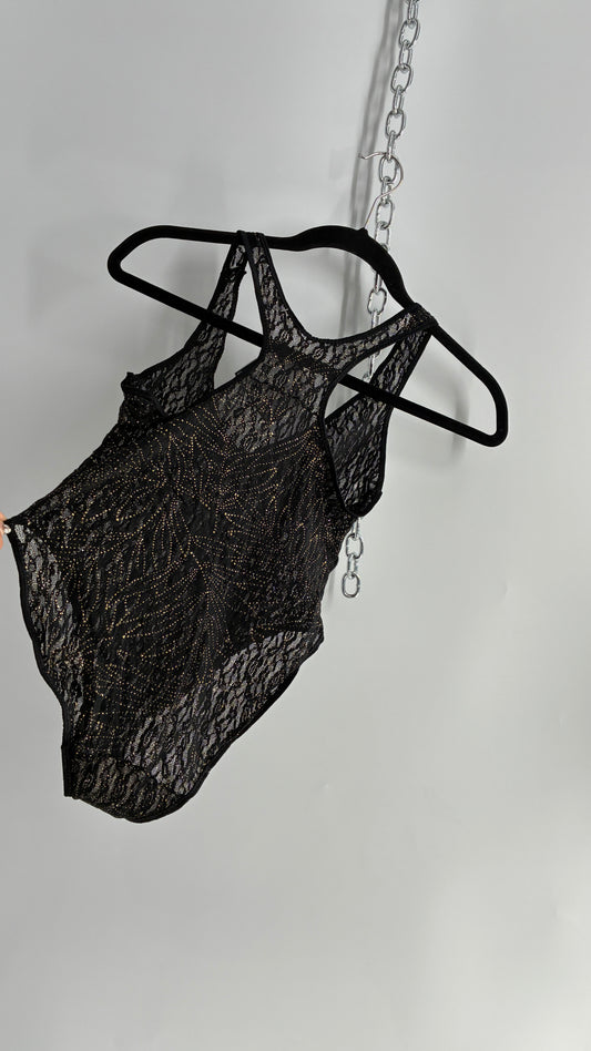 Vintage 1990s Sheer Black Bodysuit with Gold Glitter Foliage Pattern (Large)