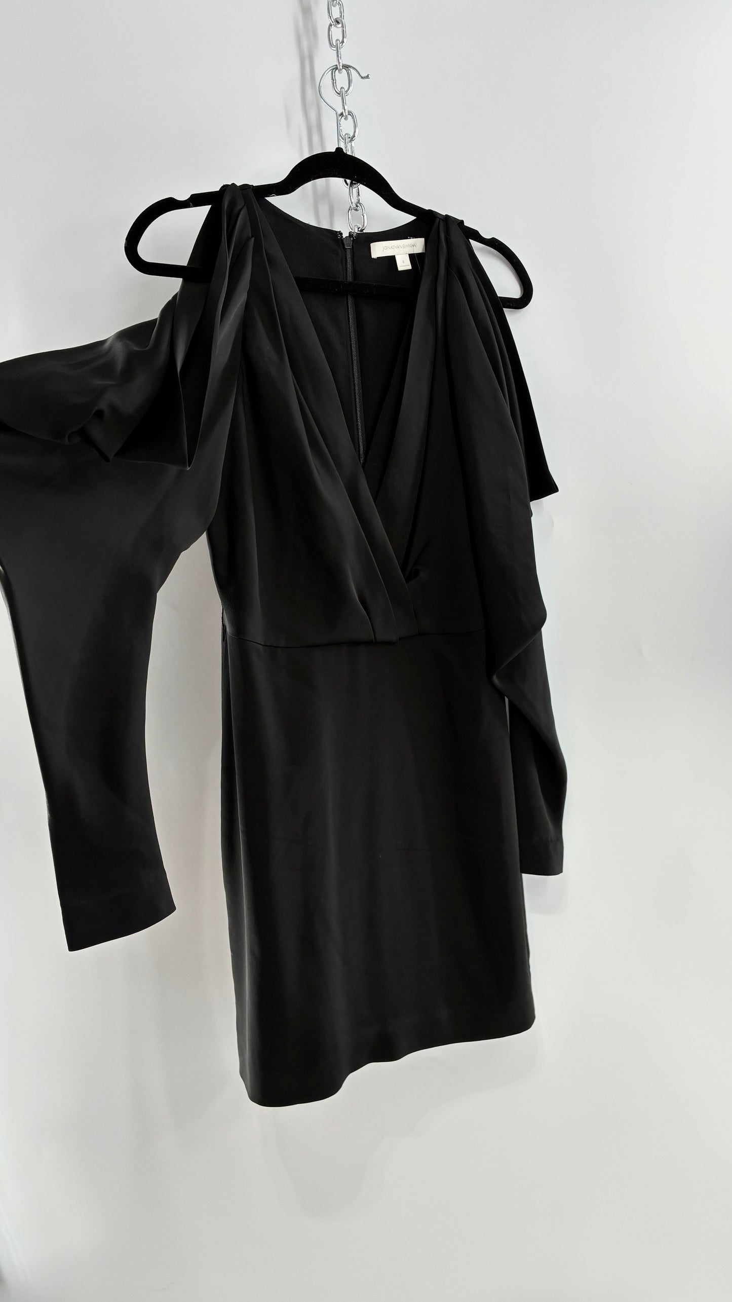 JONATHAN SIMKHAI Black Silky Mini Dress with Exaggerated, Draped Cold Shoulders (8)