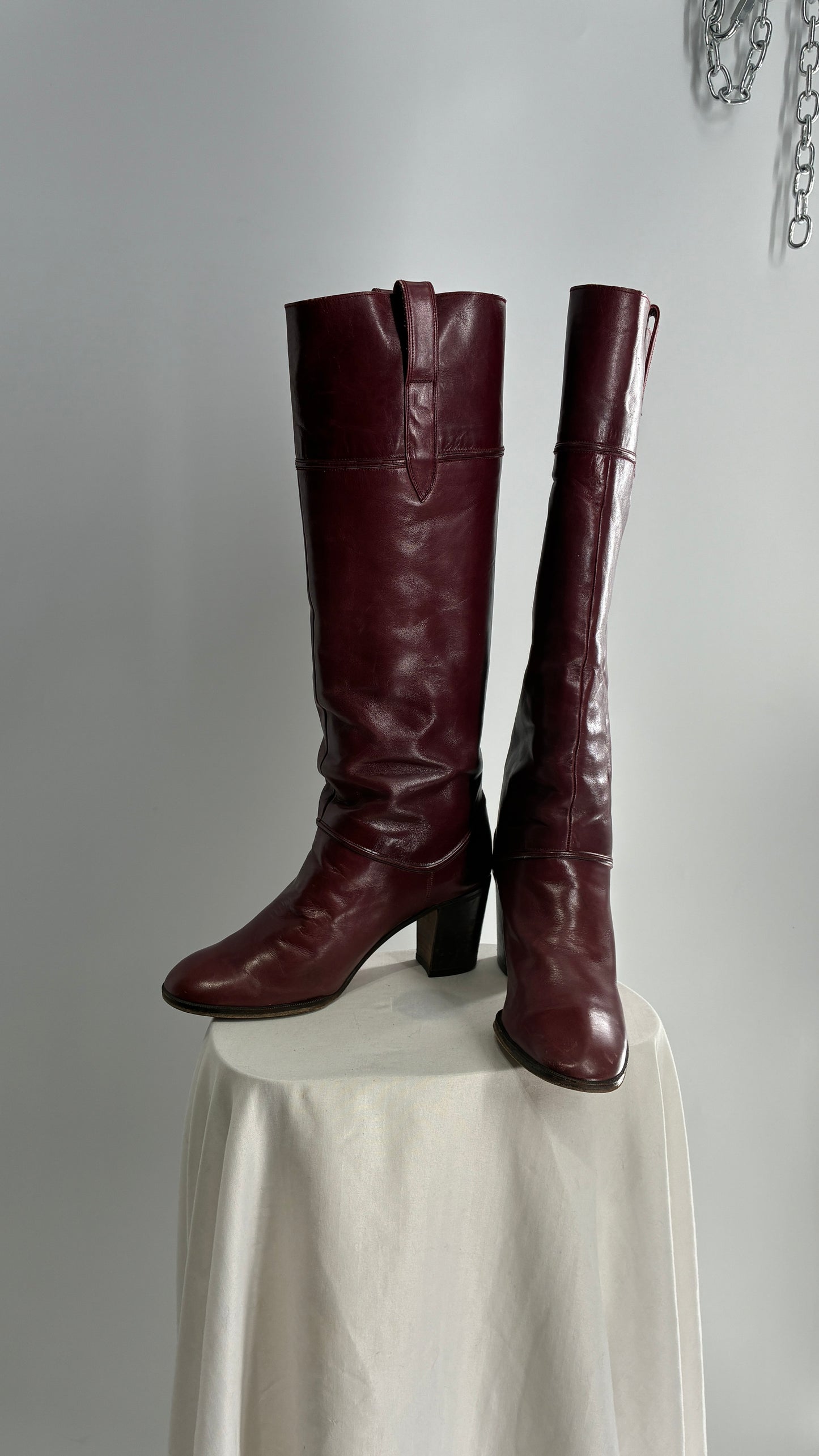 Vintage Red Leather Round Toe Knee High Boots Made in Spain Boots (38)