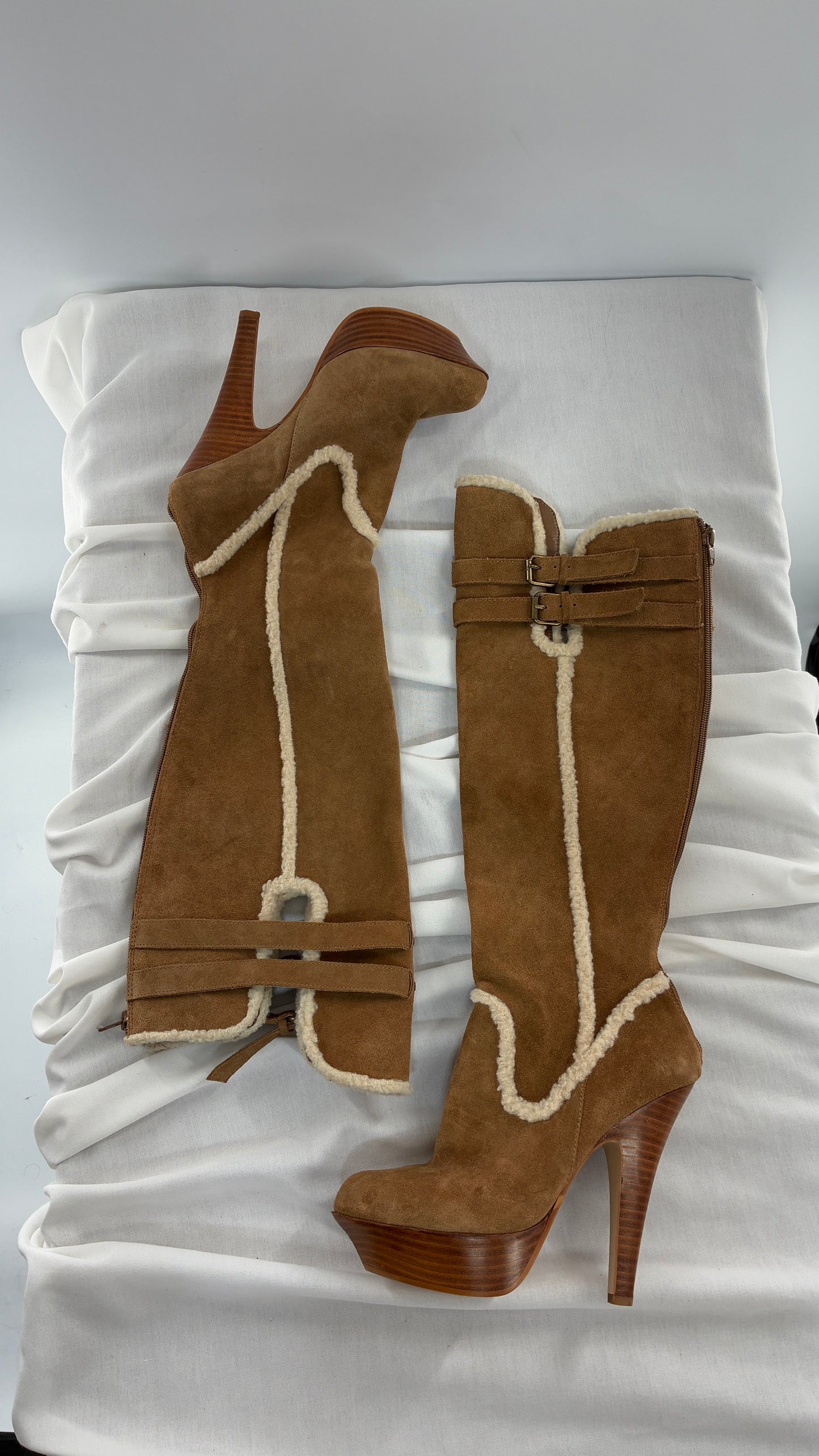 Vintage BEBE Genuine Suede Leather Stiletto, Platform Knee High Boots with Shearling Piping (8B)