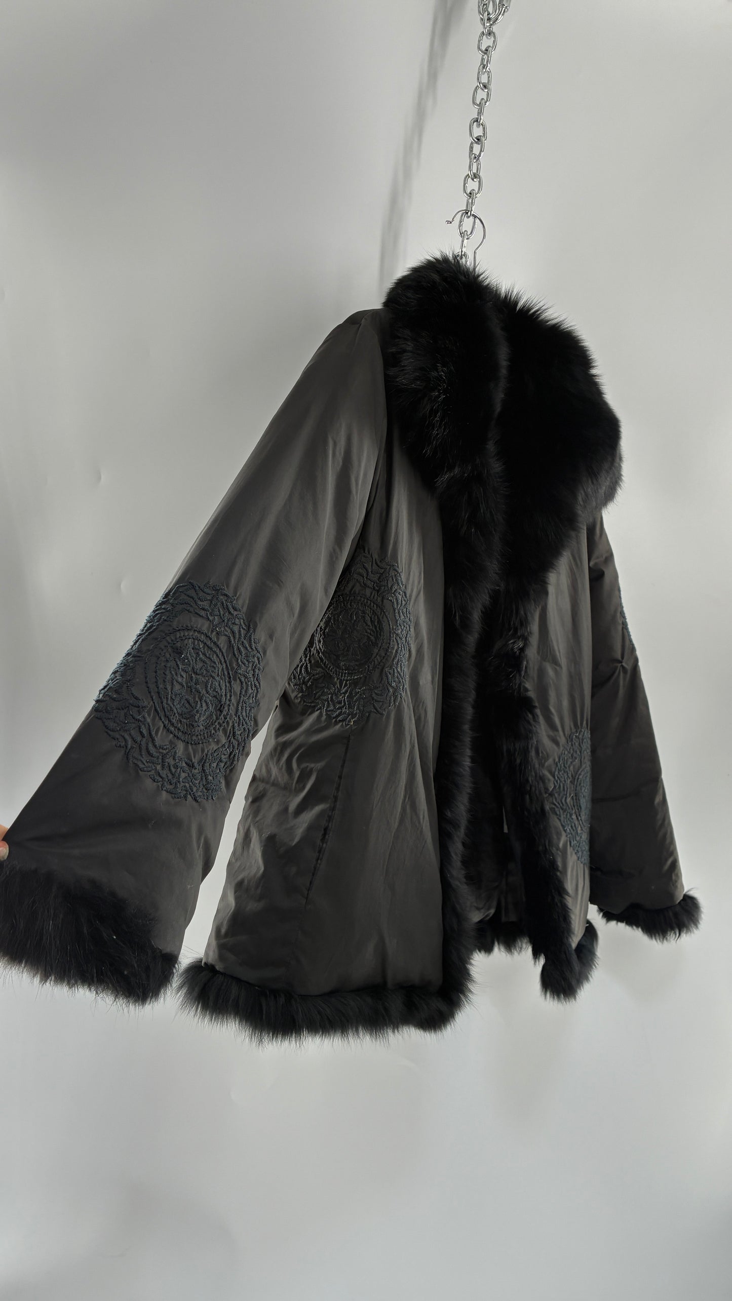 Vintage Gi & JO Black Down and Feather Puffer Jacket with Exaggerated Genuine Rabbit Fur Trim and Mandala Embroidery (Medium)