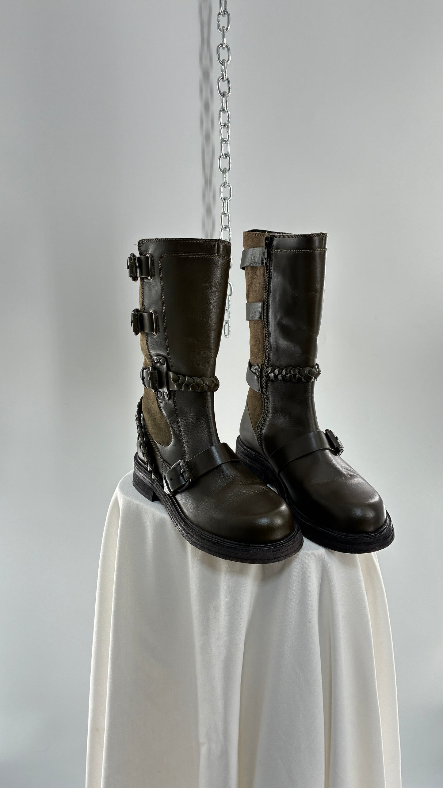 Free People Billie Olive Green Moto Boots with Buckle Closure (7)