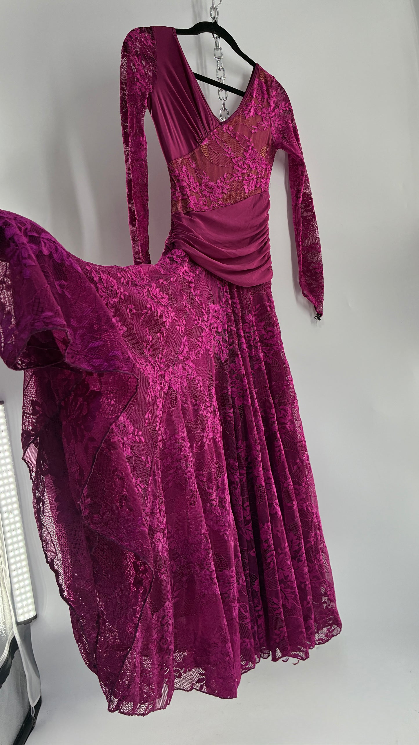 Vintage Fuchsia Flamenco, Lace and Mesh Paneled Gown with Gloved Hand Detail (Small)