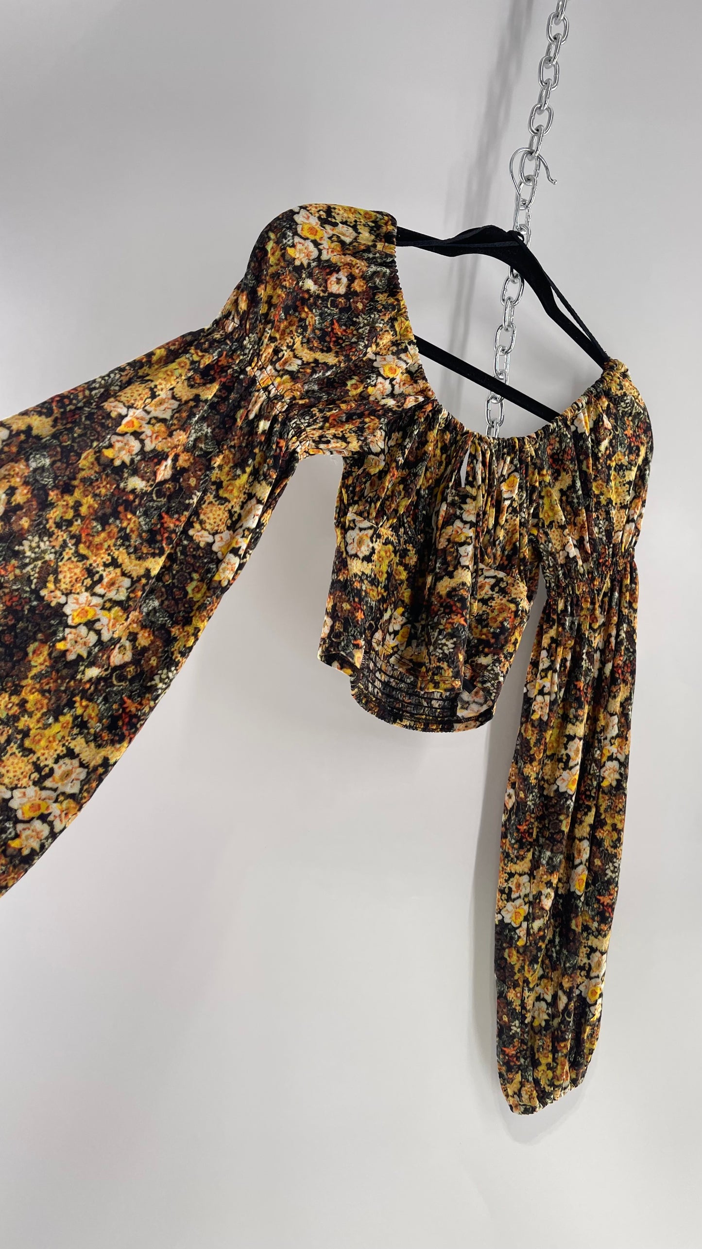 Urban Outfitters Black Yellow Fall Florals Balloon Sleeve Milkmaid Bust Top (Medium)