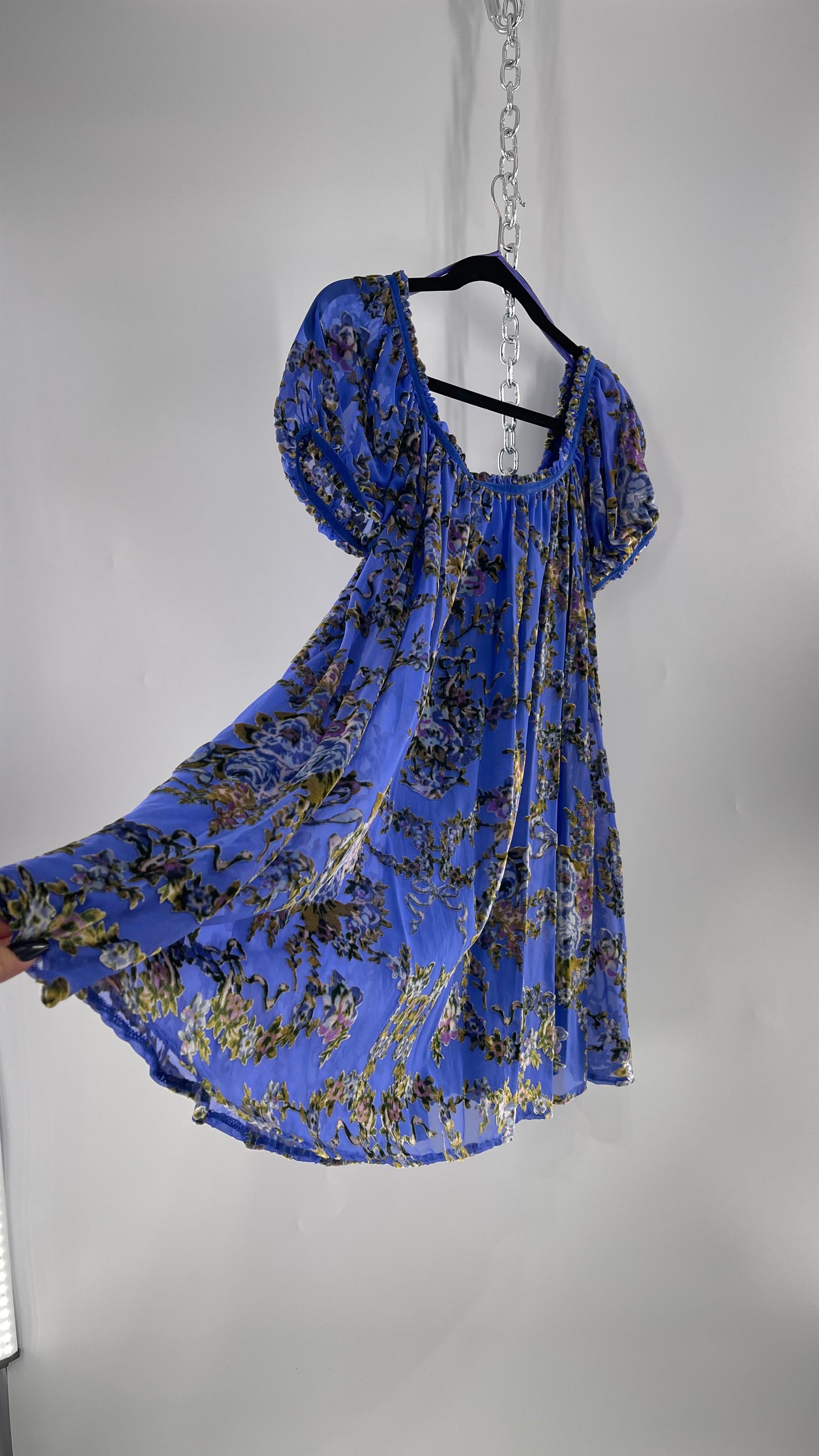Free People Royal Blue Velvet Floral Babydoll Dress (Small)