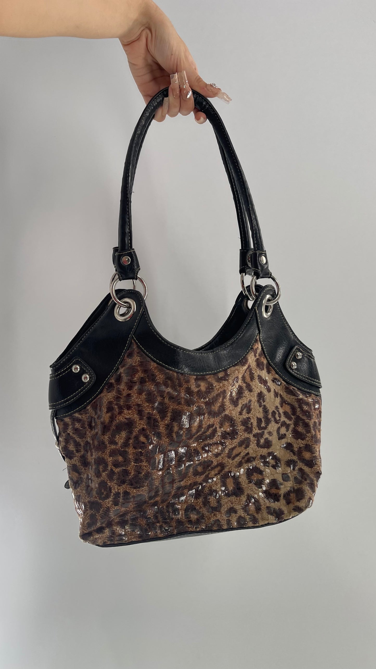 Vintage Rosetti Sequin Cheetah Bag with Leather Trim and Straps