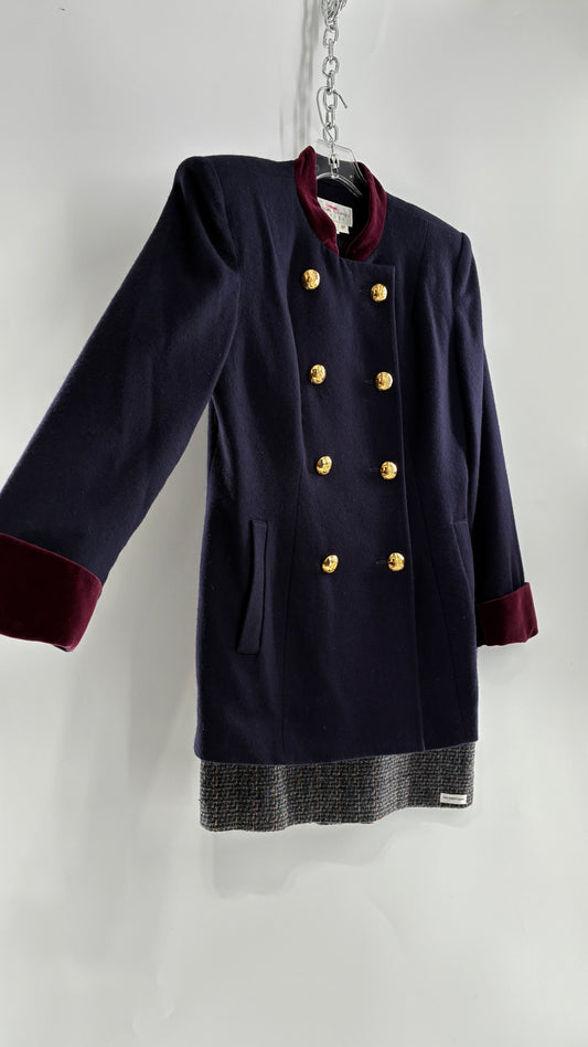 Vintage Suit Set with Bell Boy Style Double Breasted Wool, Velour Cuff Jacket and Upcycled Mini Skirt (6P)