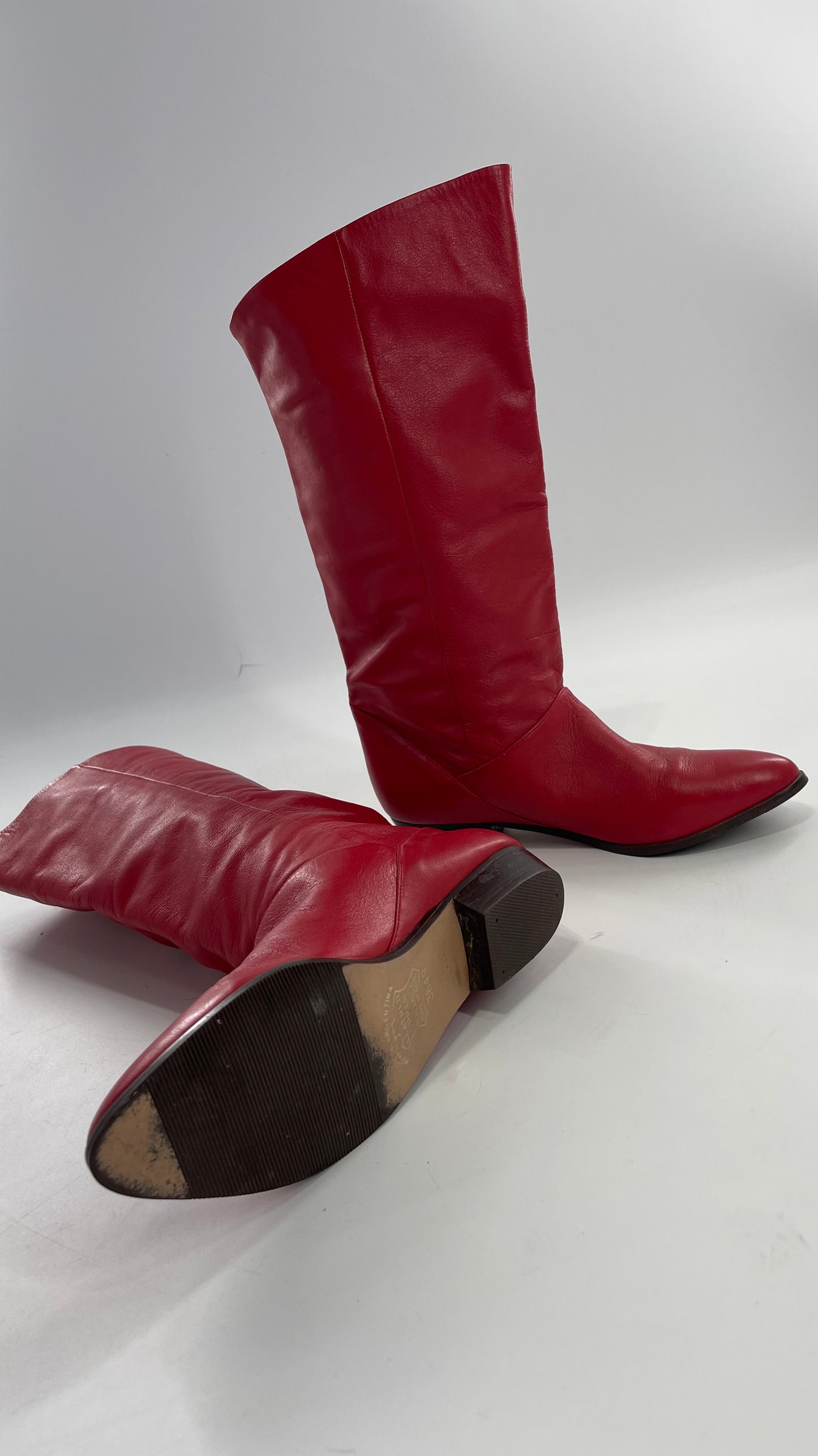Vintage 1980s Red Argentinian Leather Pointed Toe Baggy Boots (8)