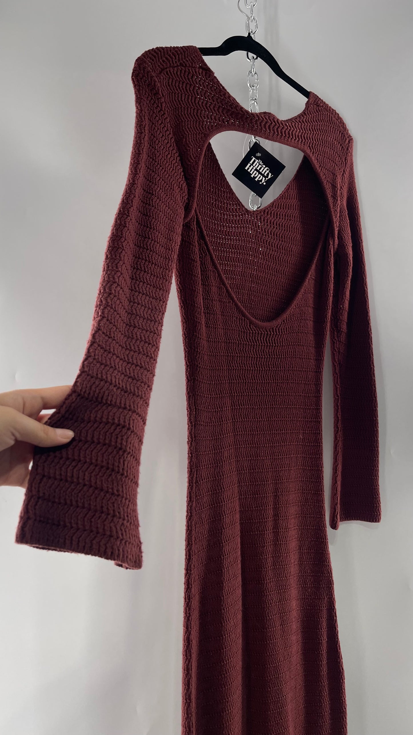 Free People Burgundy Knit Maxi Dress with Open Back and Bell Sleeves (Small)