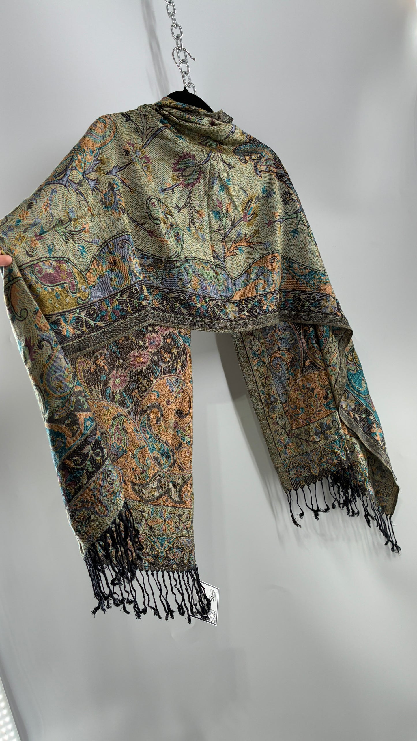Vintage Pashmina Green Paisley Fringe Scarf