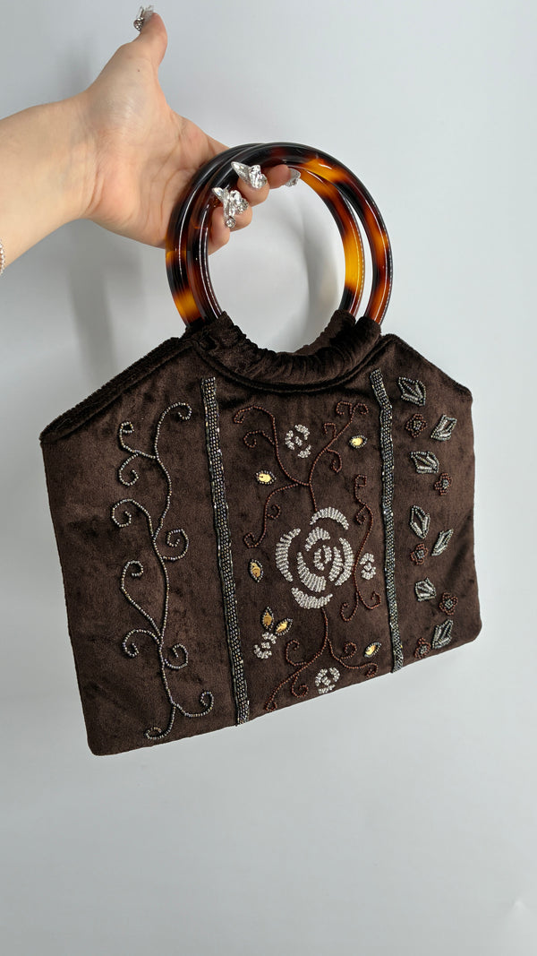 Vintage Silver Blue USA Brown Beaded Velvet Handbag with Circular Clutch