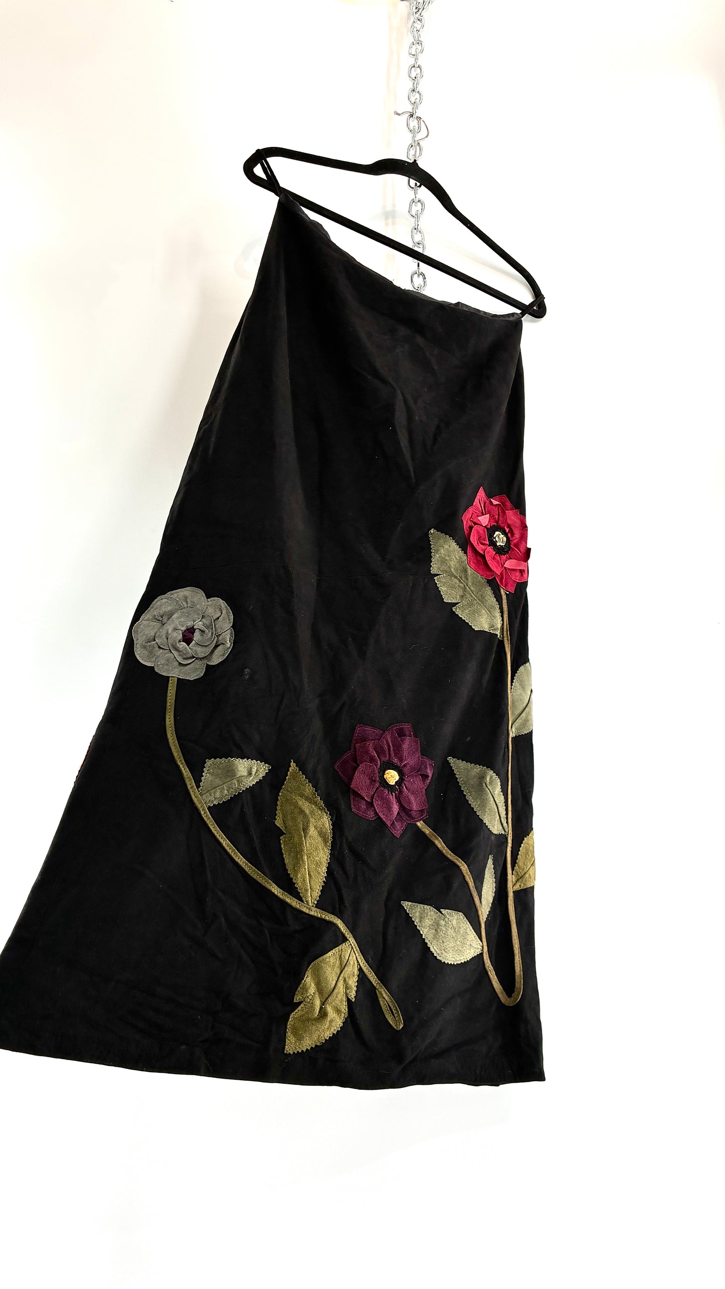 Vintage NEW YORK KAREN GRONER GROWN BEANS Black Leather Skirt with Appliqué Flowers (Small)