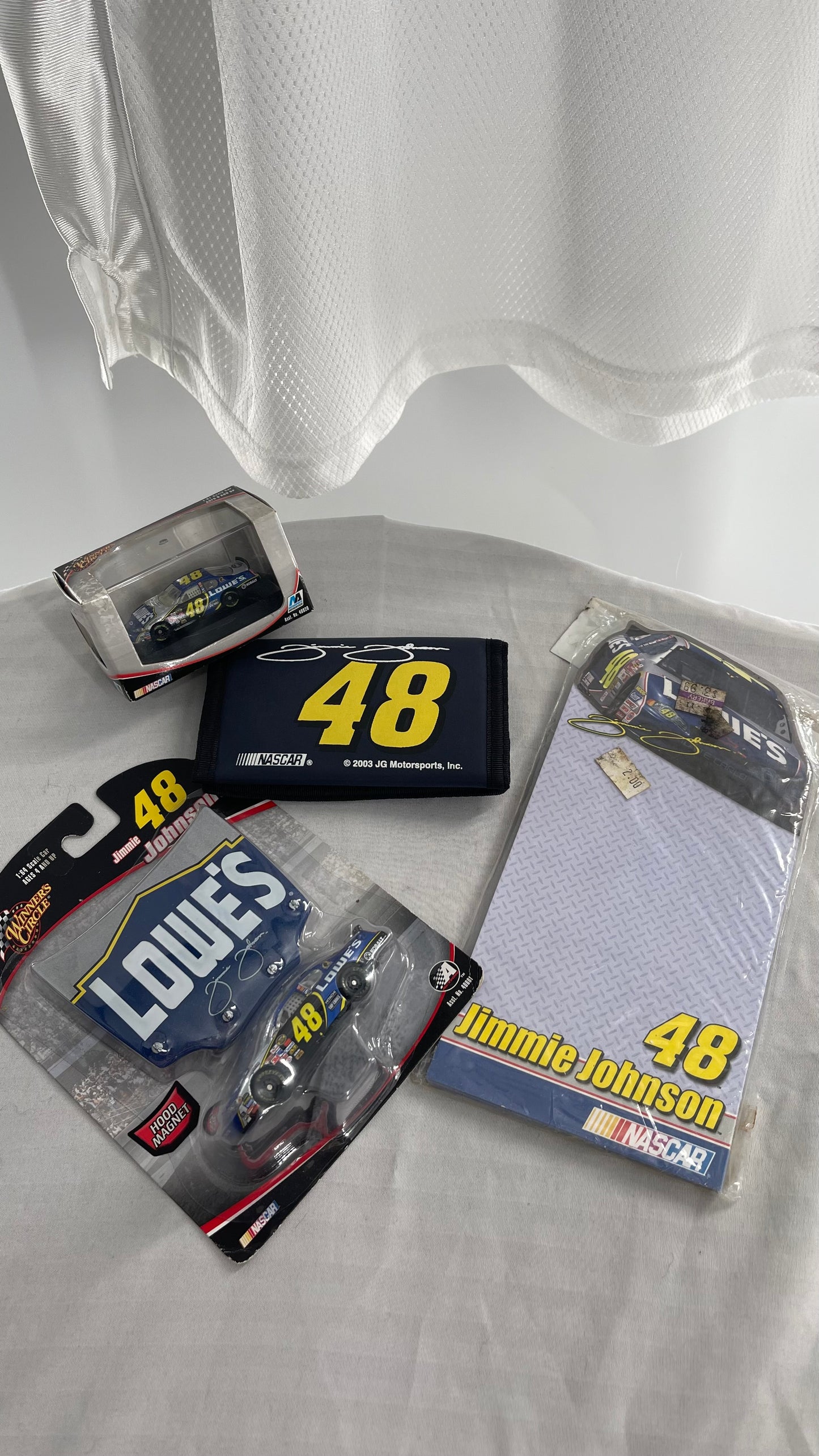 Vintage NASCAR Lowe’s Jimmie Johnson Racer Driver Set: hat, wallet, matchbox cars, notepad and jersey