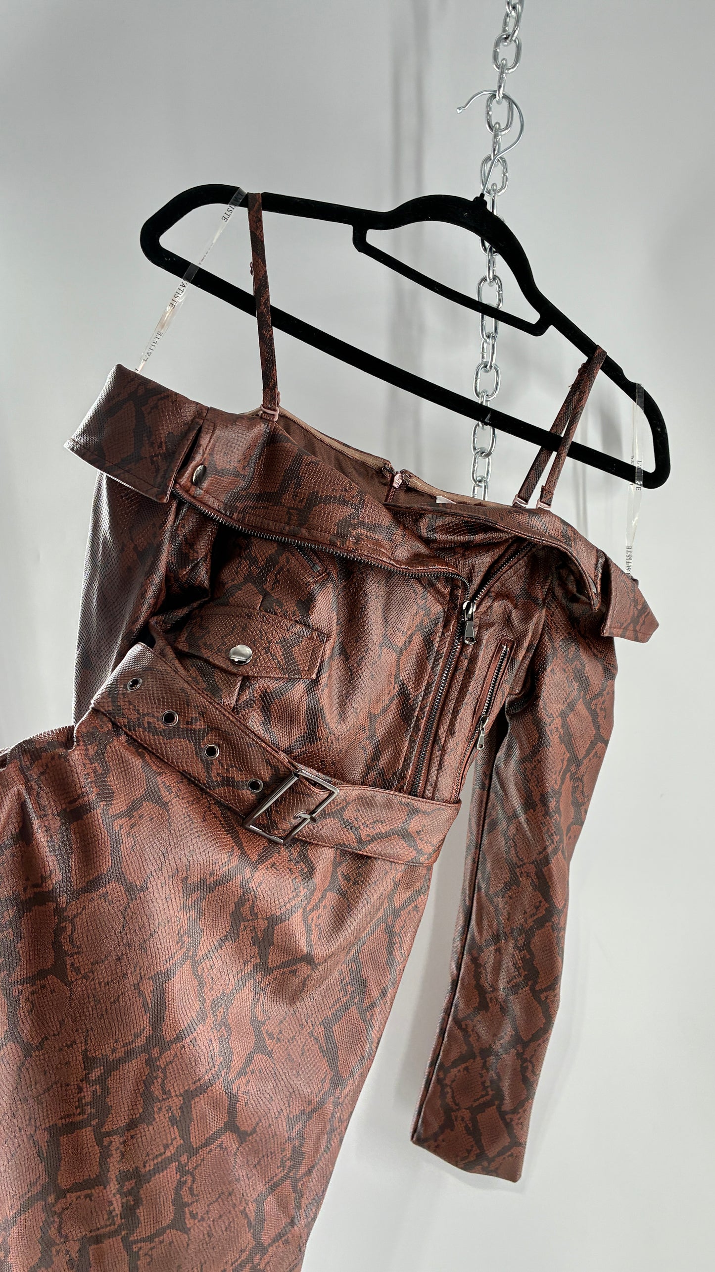 L’ATISTE Snakeskin Vegan Leather Moto Off the Shoulder, Knee High Dress (Medium)