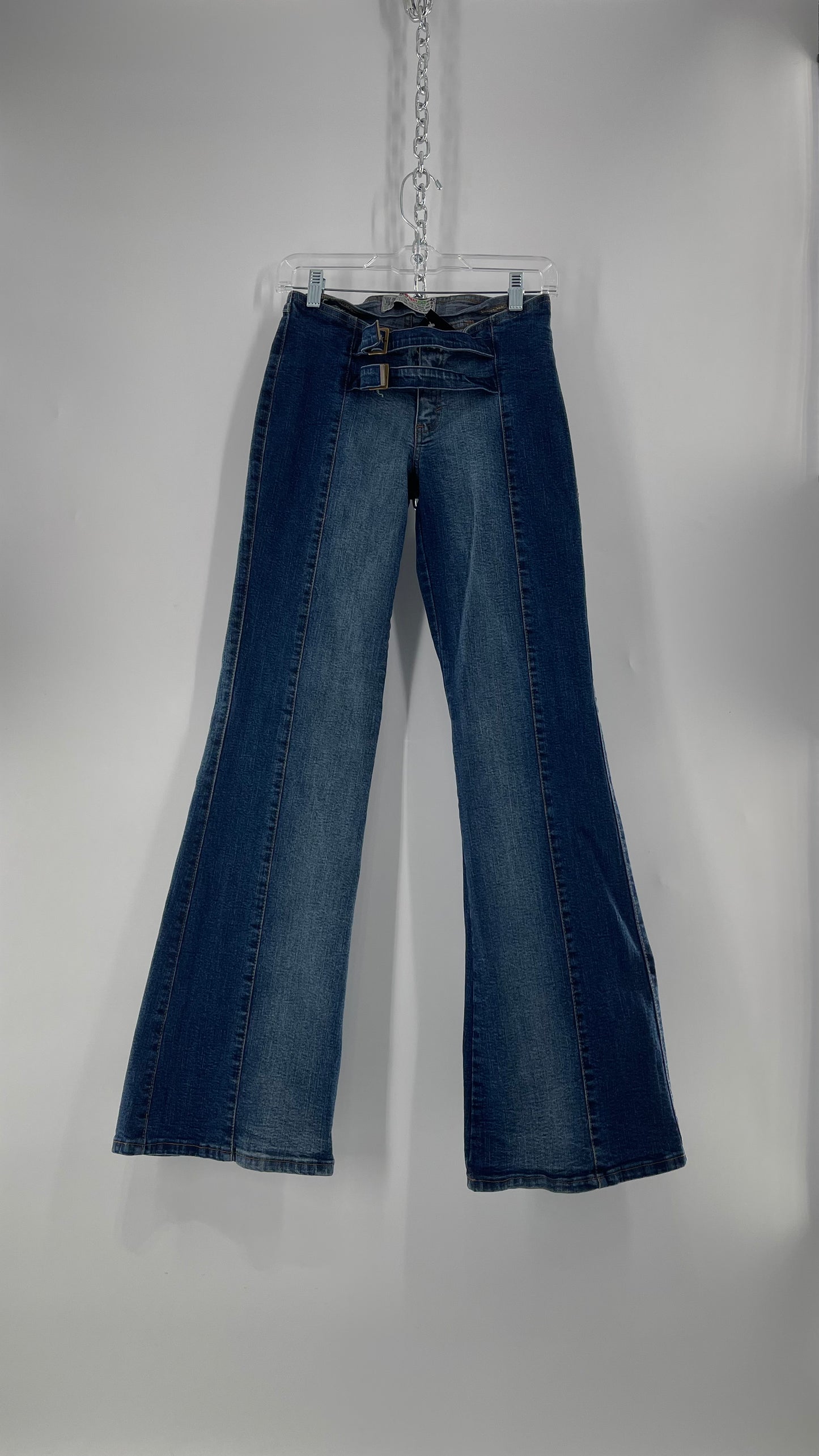 Vintage NewMax Two Toned Paneled Brazilian Jeans with Buckle Jean Strap Closure and Flared Hem (8)