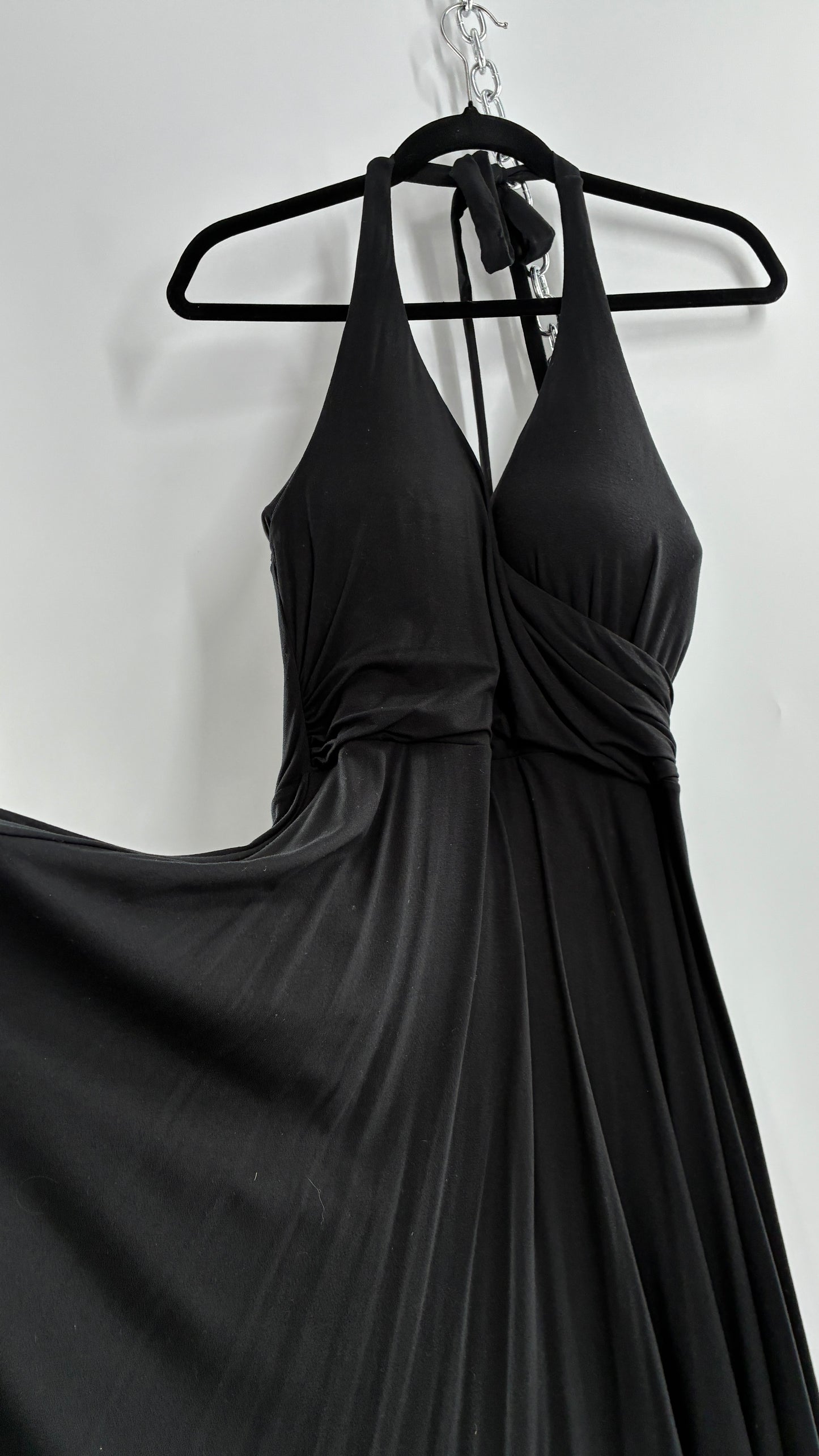 Rare Vintage Victoria’s Secret Black Jersey Knit Halter Voluminous Dress with Built in Padded Bra (34C)