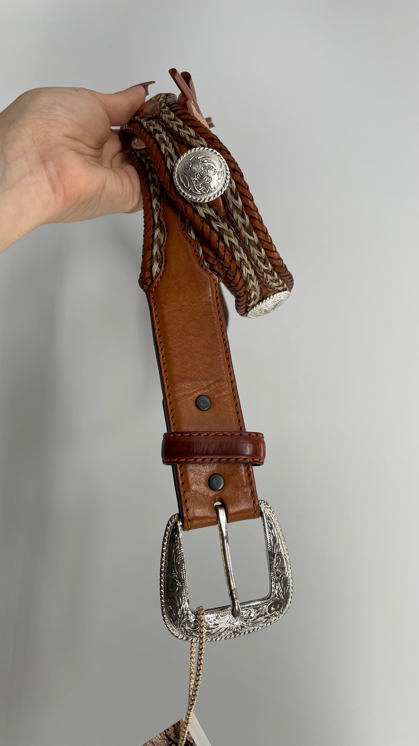 Vintage Tony Lama Genuine Leather Horse Hair Western Braided Belt With Silver Embellishments (34)
