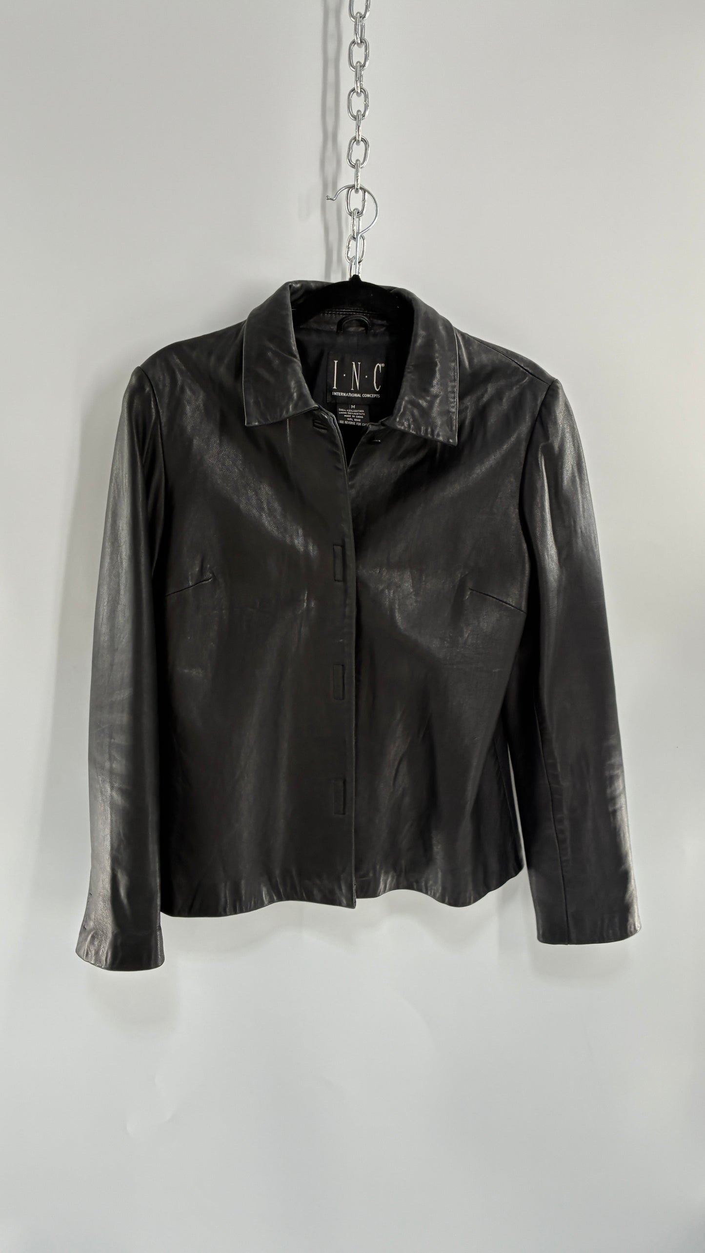 Vintage INC 1990s Black Genuine Ultra Soft Leather Collared Jacket with Velcro Closure Never Worn (Medium)