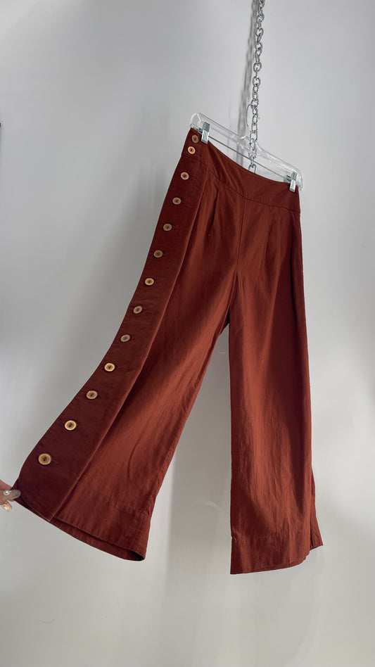 Anthropologie Brown Cotton Wide Leg Pants with Bronze Button Detailing (0)