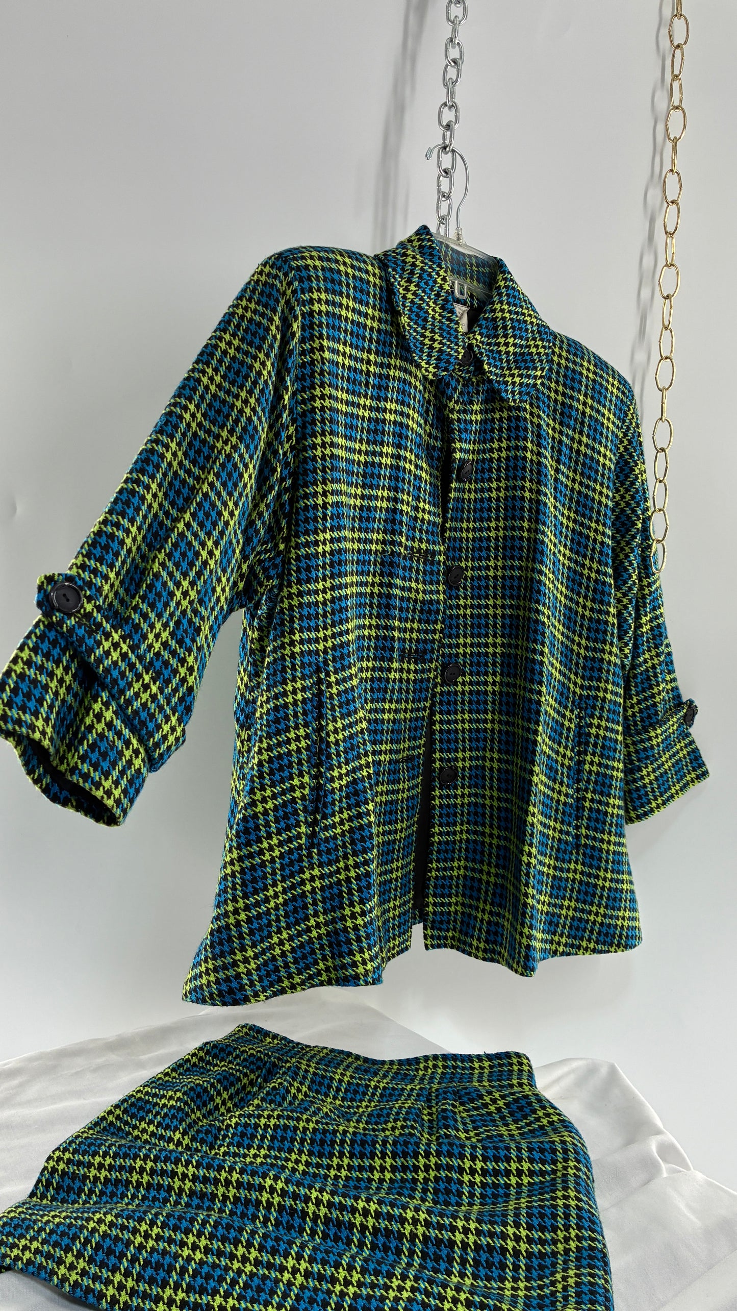 Vintage HONG KONG Wool Blend Neon Green and Blue Plaid Jacket and Micro Mini Set (Small)