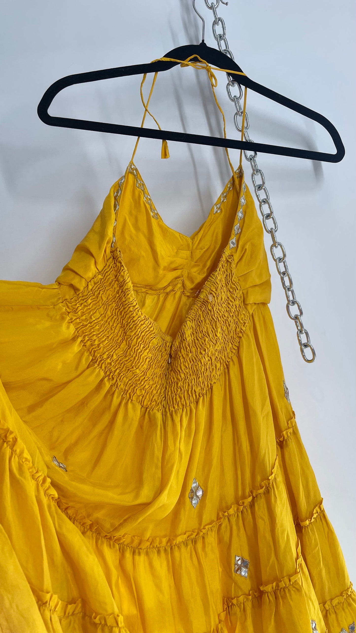 Vintage Juliet Dun Silky Yellow Tiered Dress with Mirror Details (2)