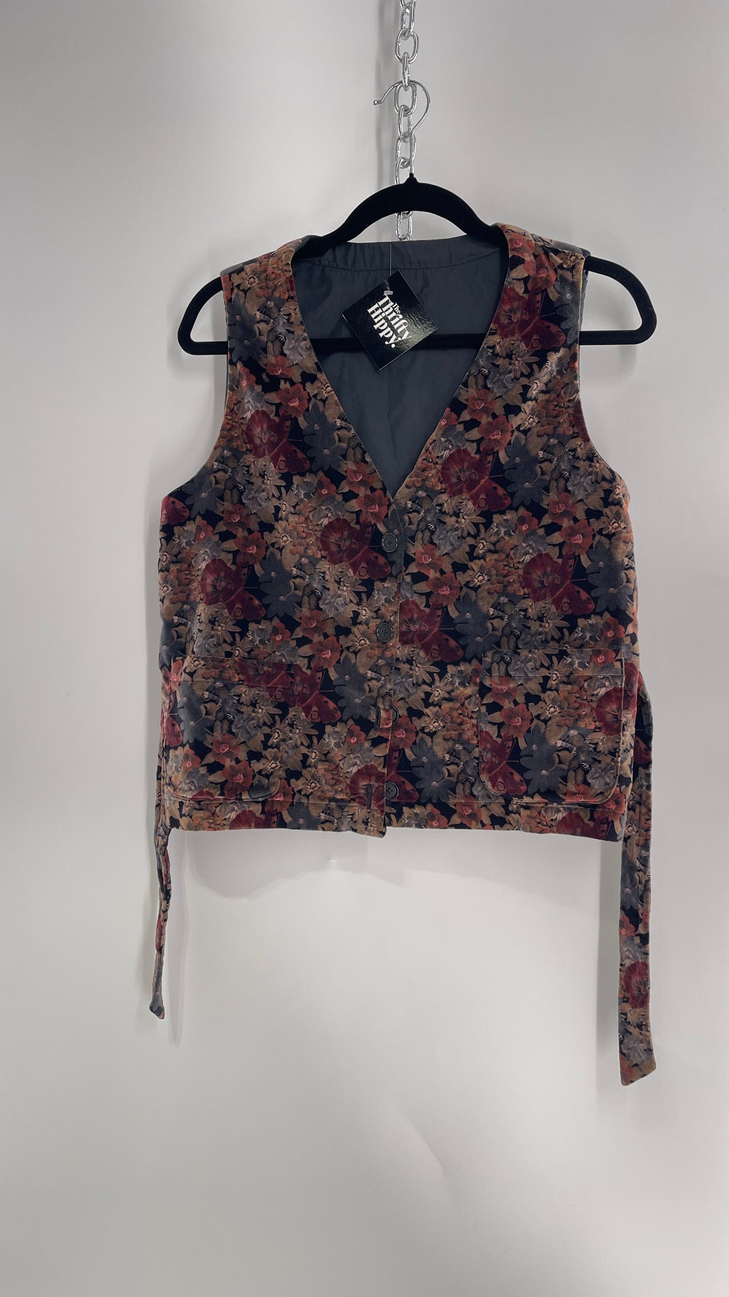 Vintage Muted Florals Velvet Vest with Front Pockets and Waist Tie (Medium)