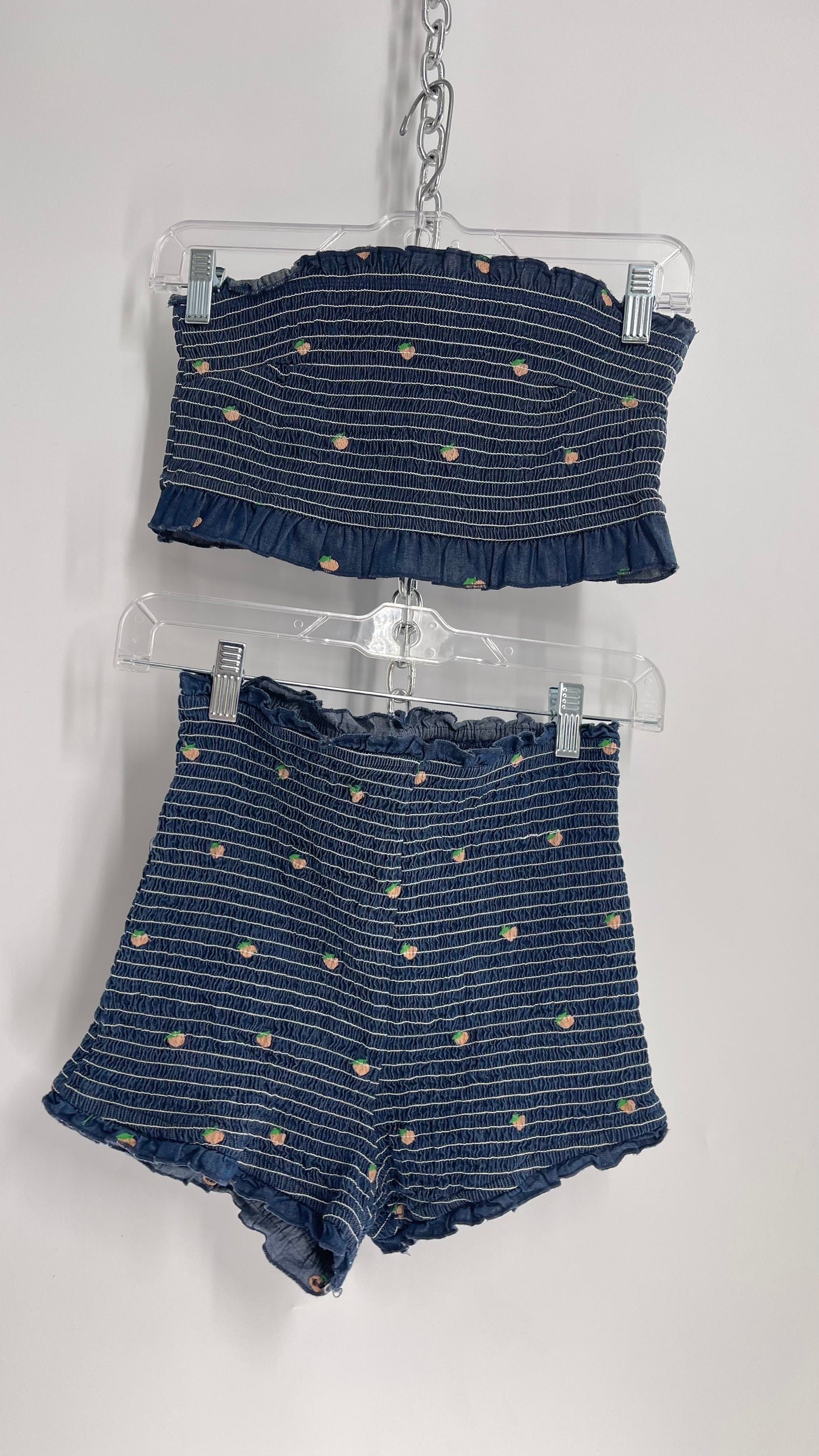 Urban Outfitters Denim 2 Piece Tube Top and Shorts Set with Embroidered Fruit (L Top S Bottoms)