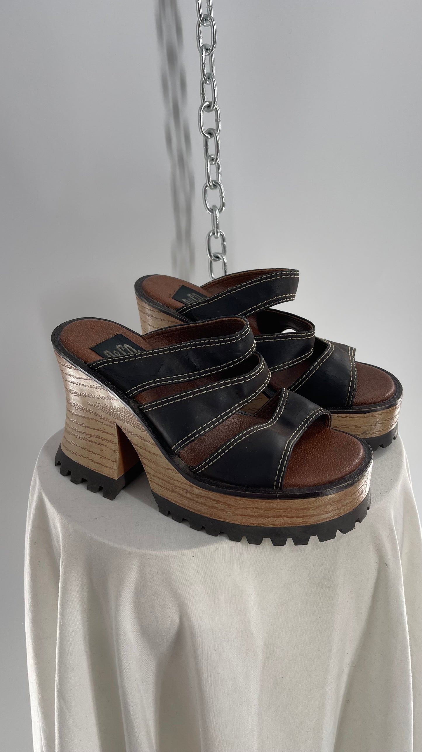 Rare Vintage 9&Co 1990s Brown Leather Strappy Chunky Wooden Platform Funky Heel (7)