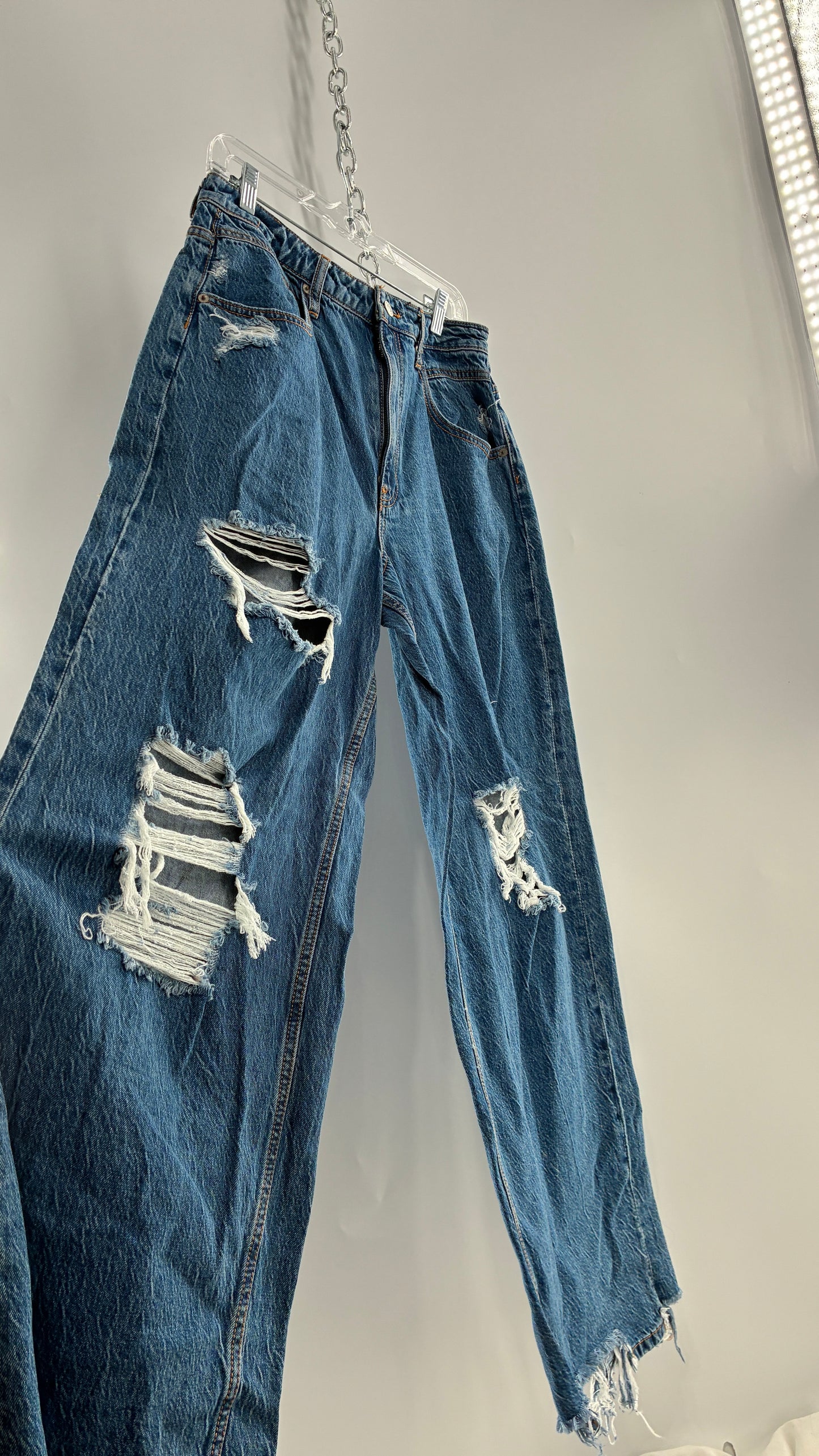 Free People Medium Wash Wide Leg Distressed Jeans (30)