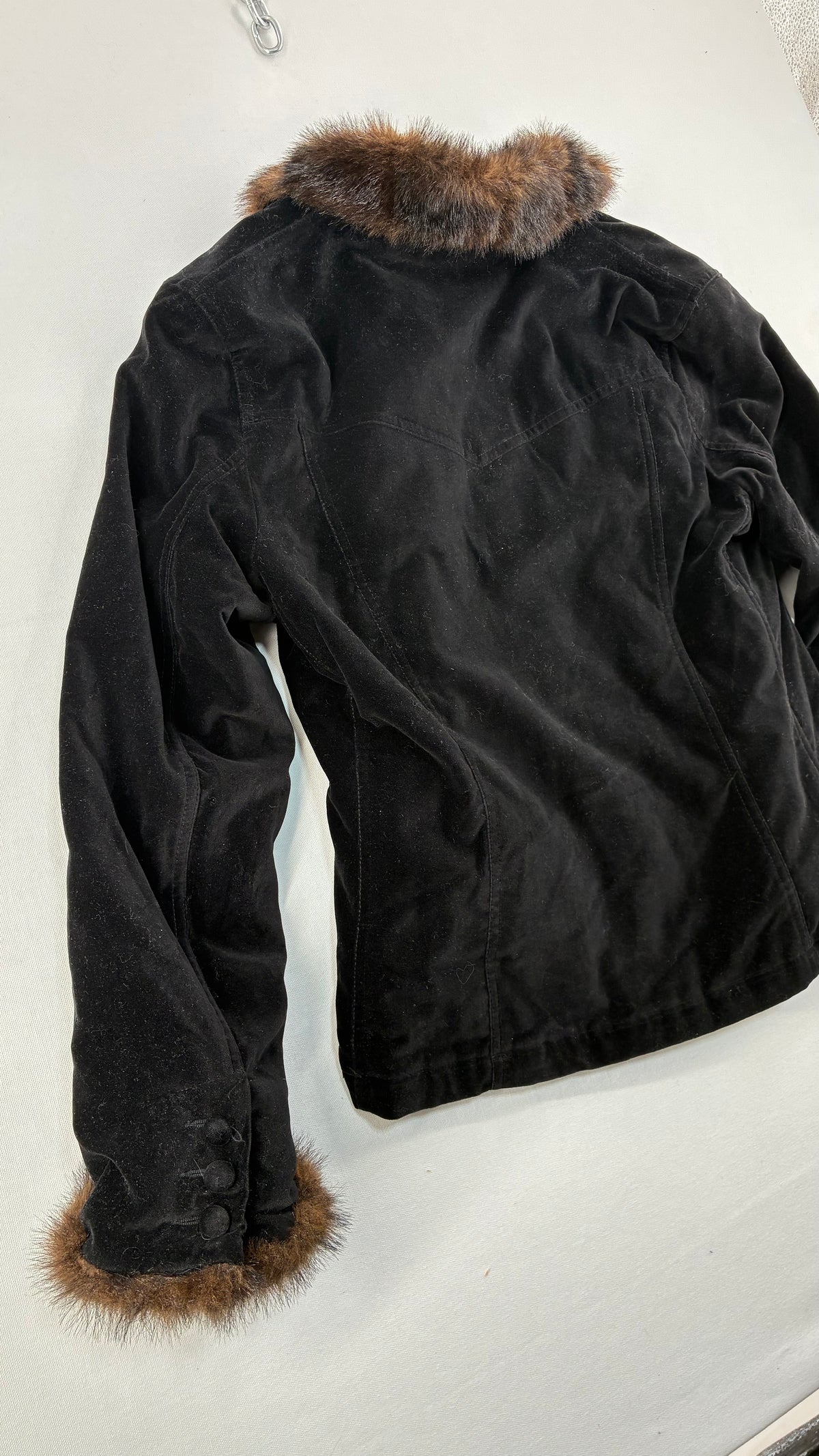 Vintage BLACK RIVET Velour Jacket with Vegan Fur Trim Collar and Cuffs (Large)