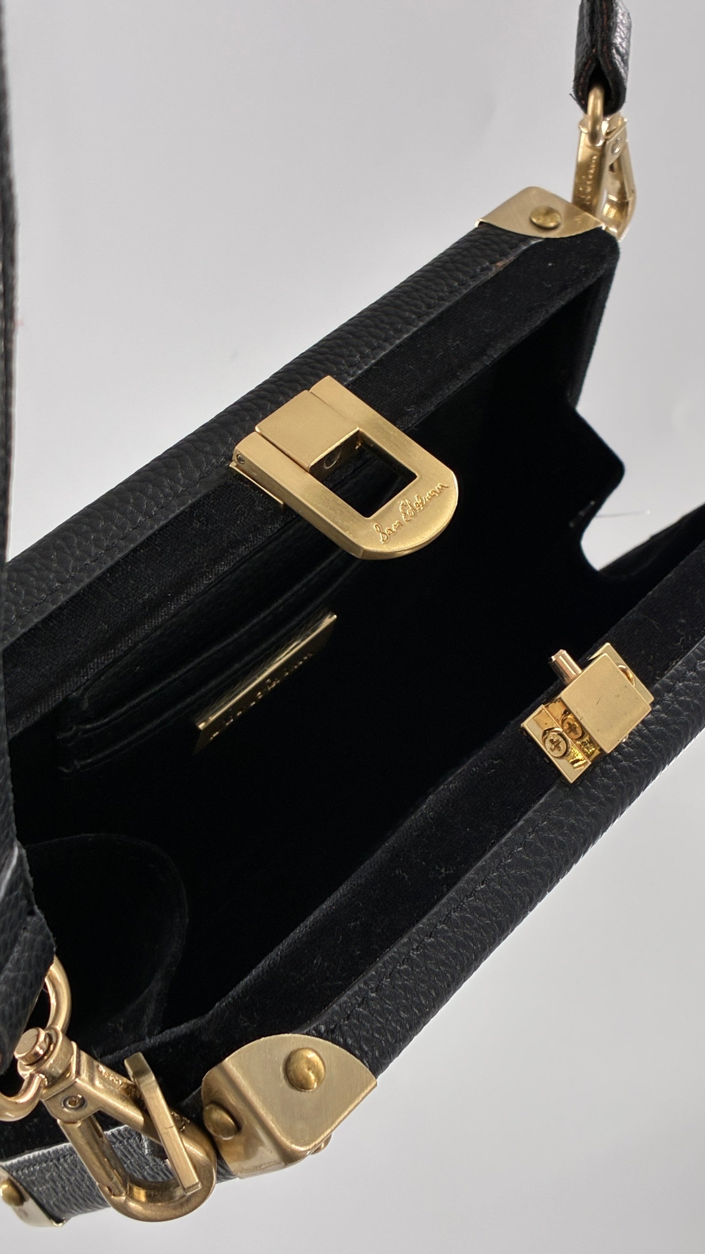 Vintage Sam Edelman Black Leather and Velour Box Case Purse with Gold Hardware and Celestial Beading