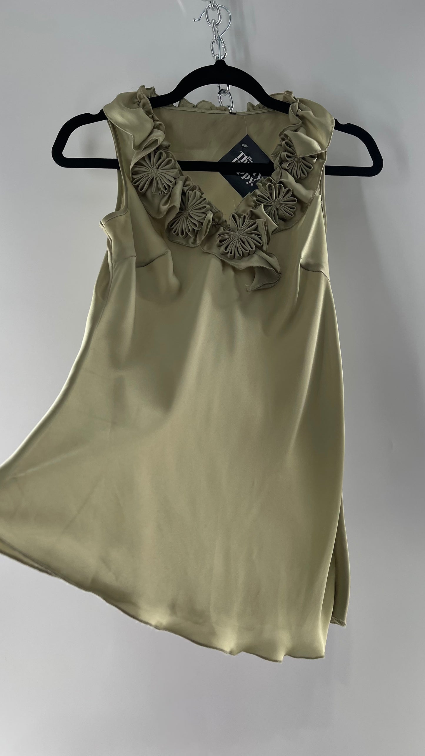 Sage Green Silky Sleeveless Tunic with Rosettes (Medium)