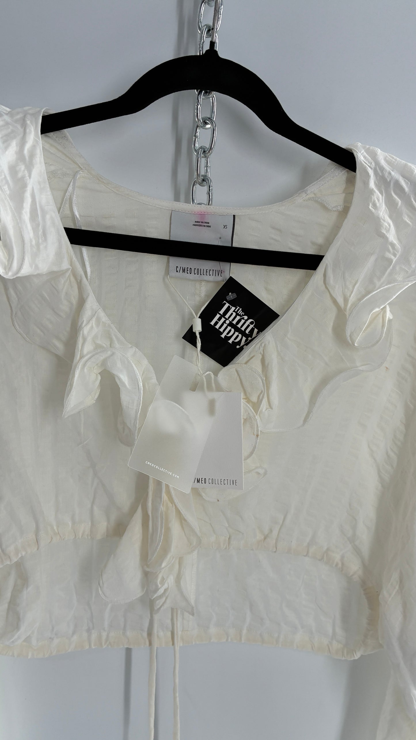 CMEO Collective White Balloon Sleeve Blouse with Ruffled, Button Up Neckline and Adjustable Drawstring Waist (XS 0-2)