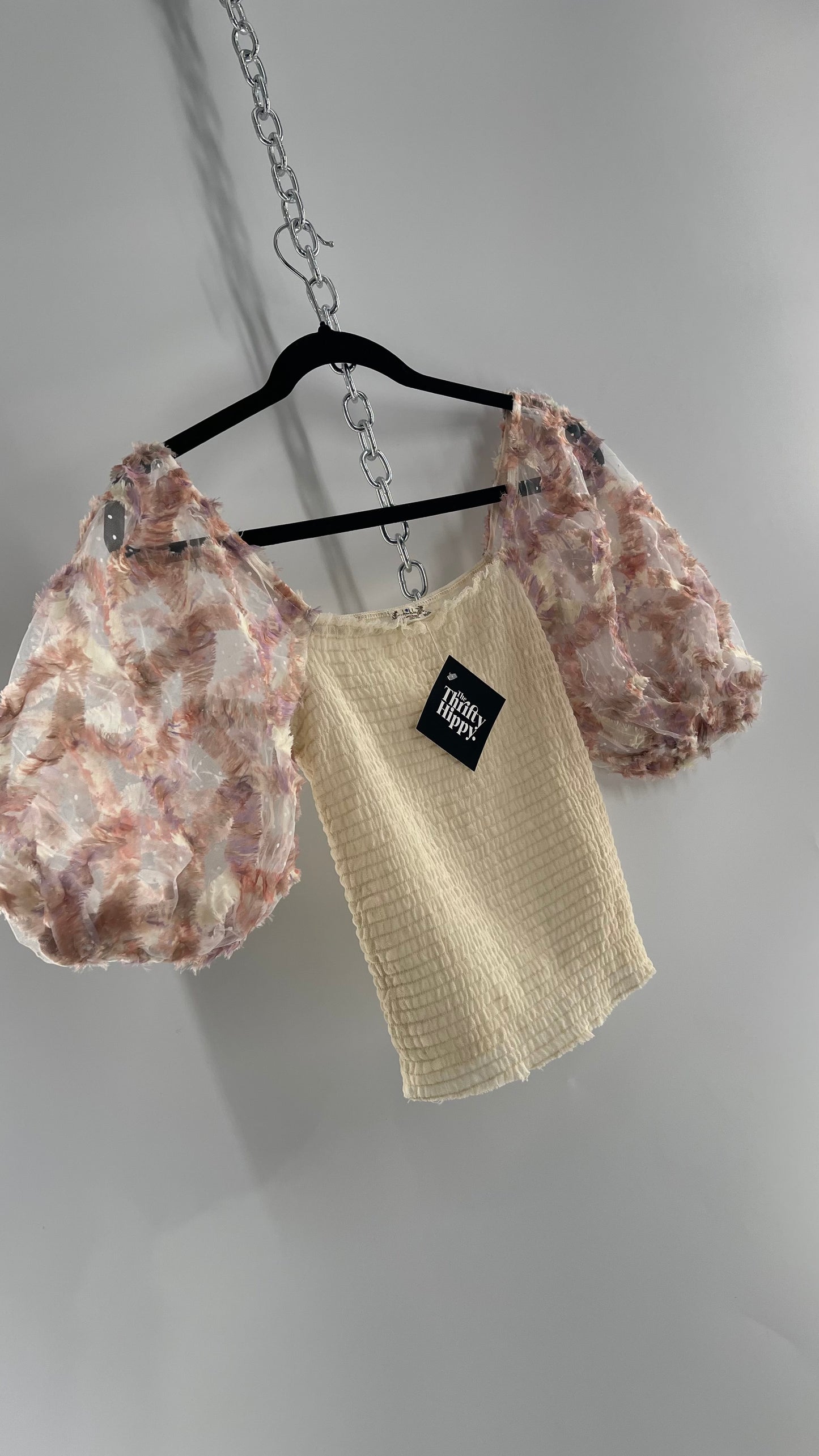 Free People Flower Girl Delicate Romantic Puff Sleeve Top with Smocked Mesh Body (Small)