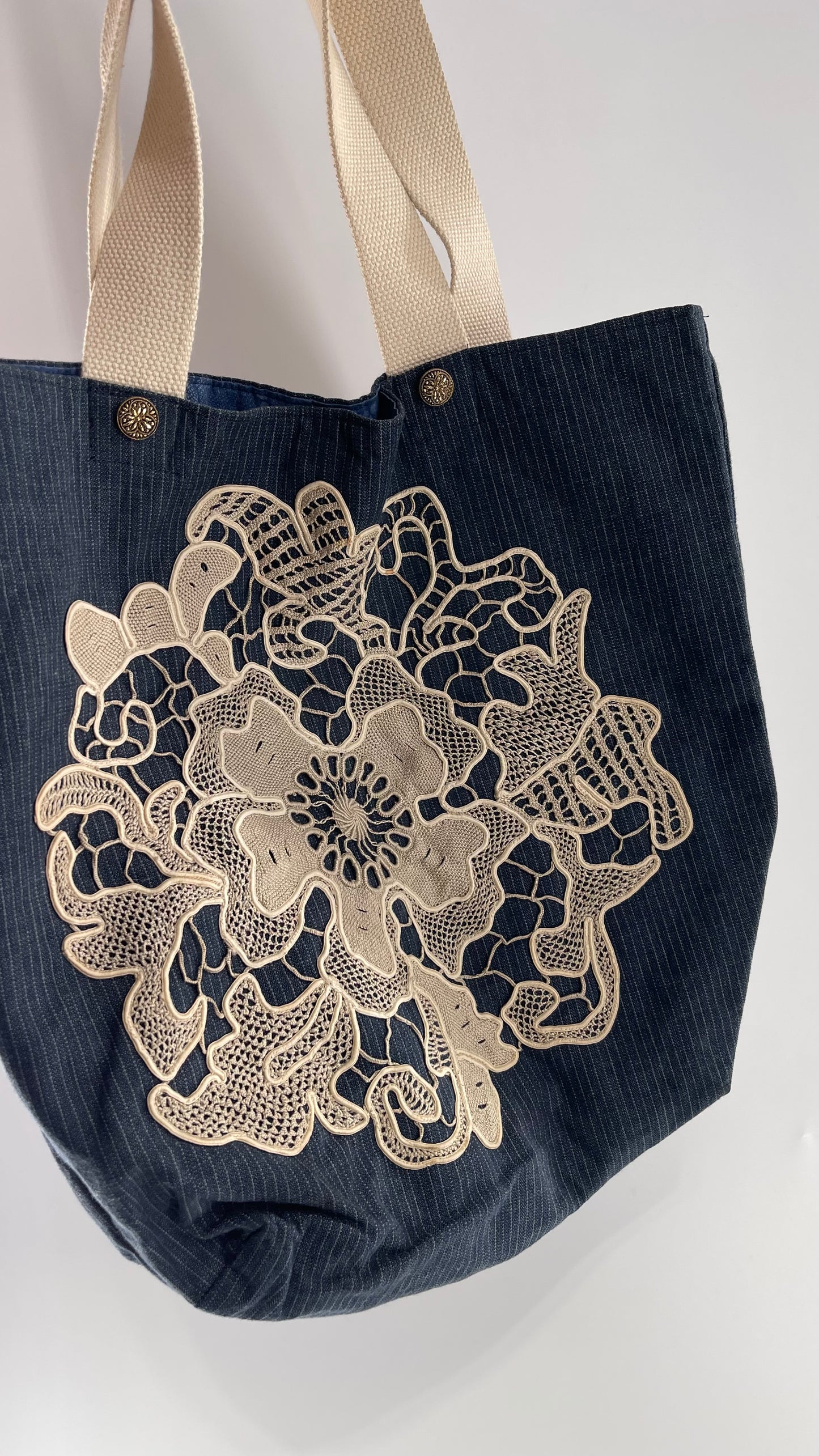 Vintage Denim Tote Bag with Lace Appliqué