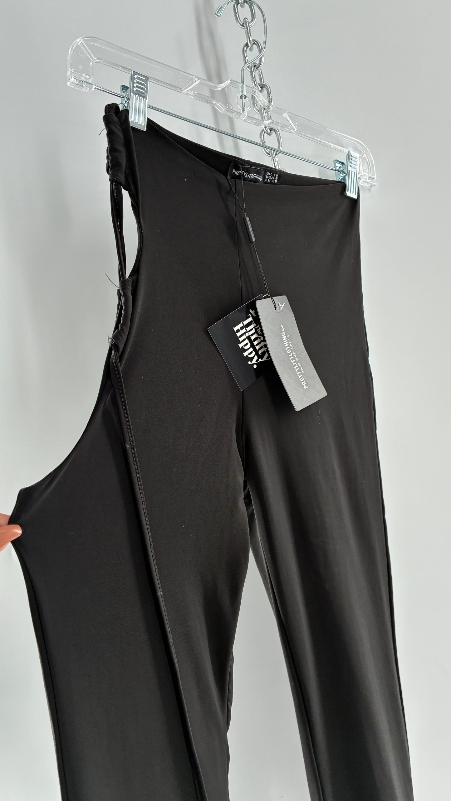 Pretty Little Thing Black Slinky Tie Side Cut Out Flared Double Lined Thick Trousers with Tags Attached (10)