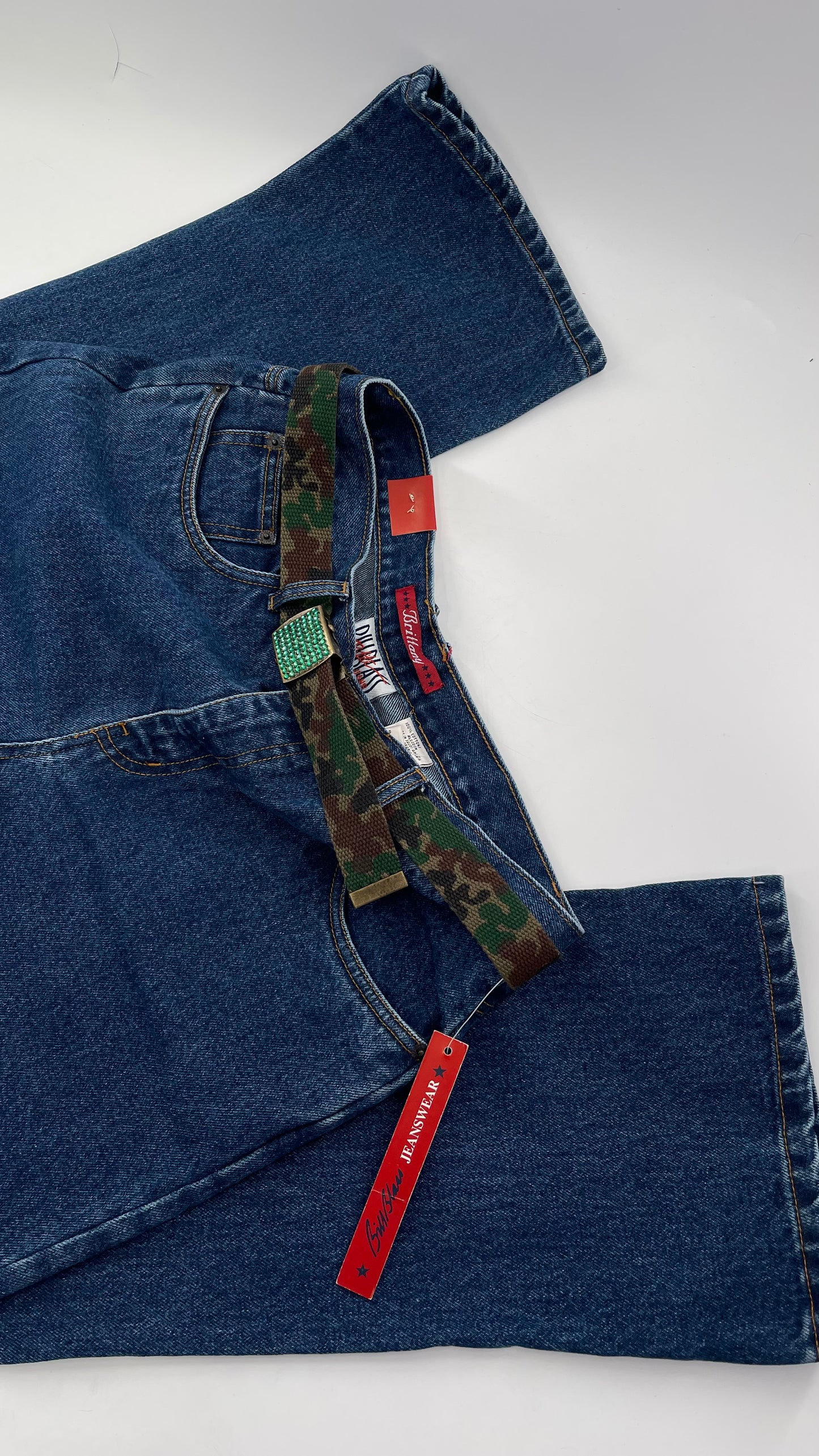Deadstock Vintage Bill Blass Blue Jean with Camo Belt and Rhinestone Encrusted Buckle  (12P)