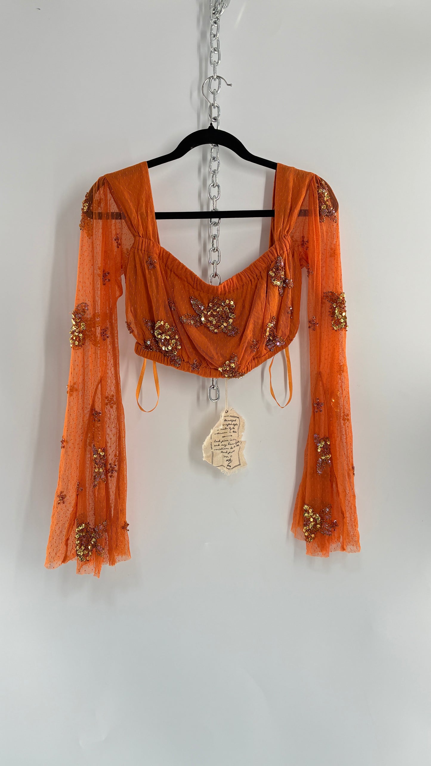 Free People Orange Off the Shoulder Beaded Bell Sleeve with Tags Attached (Medium)