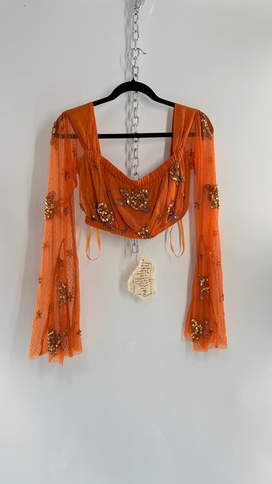 Free People Orange Off the Shoulder Beaded Bell Sleeve with Tags Attached (Medium)