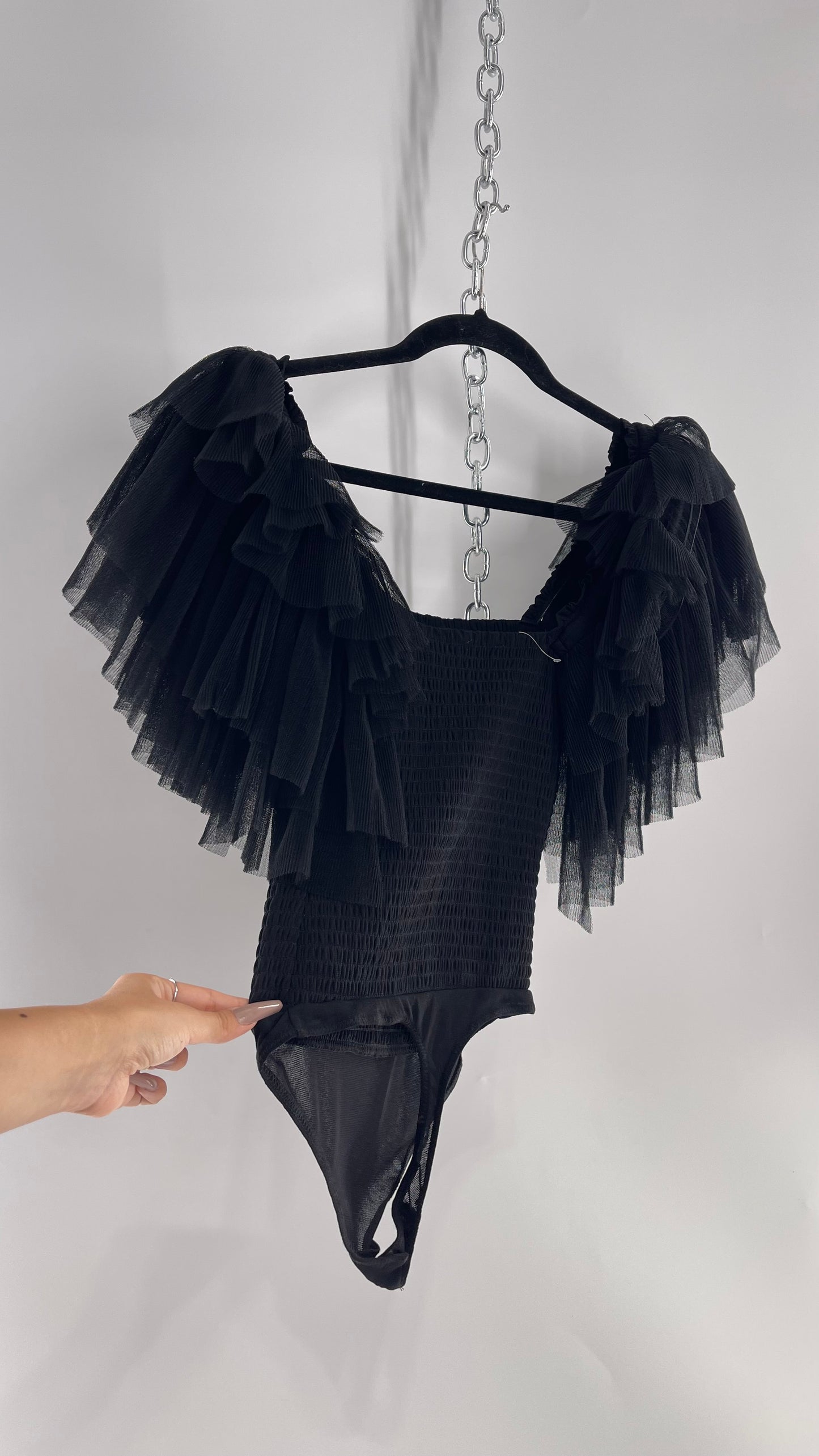 Free People Black Swan Tulle Sleeve Bodysuit (XS)