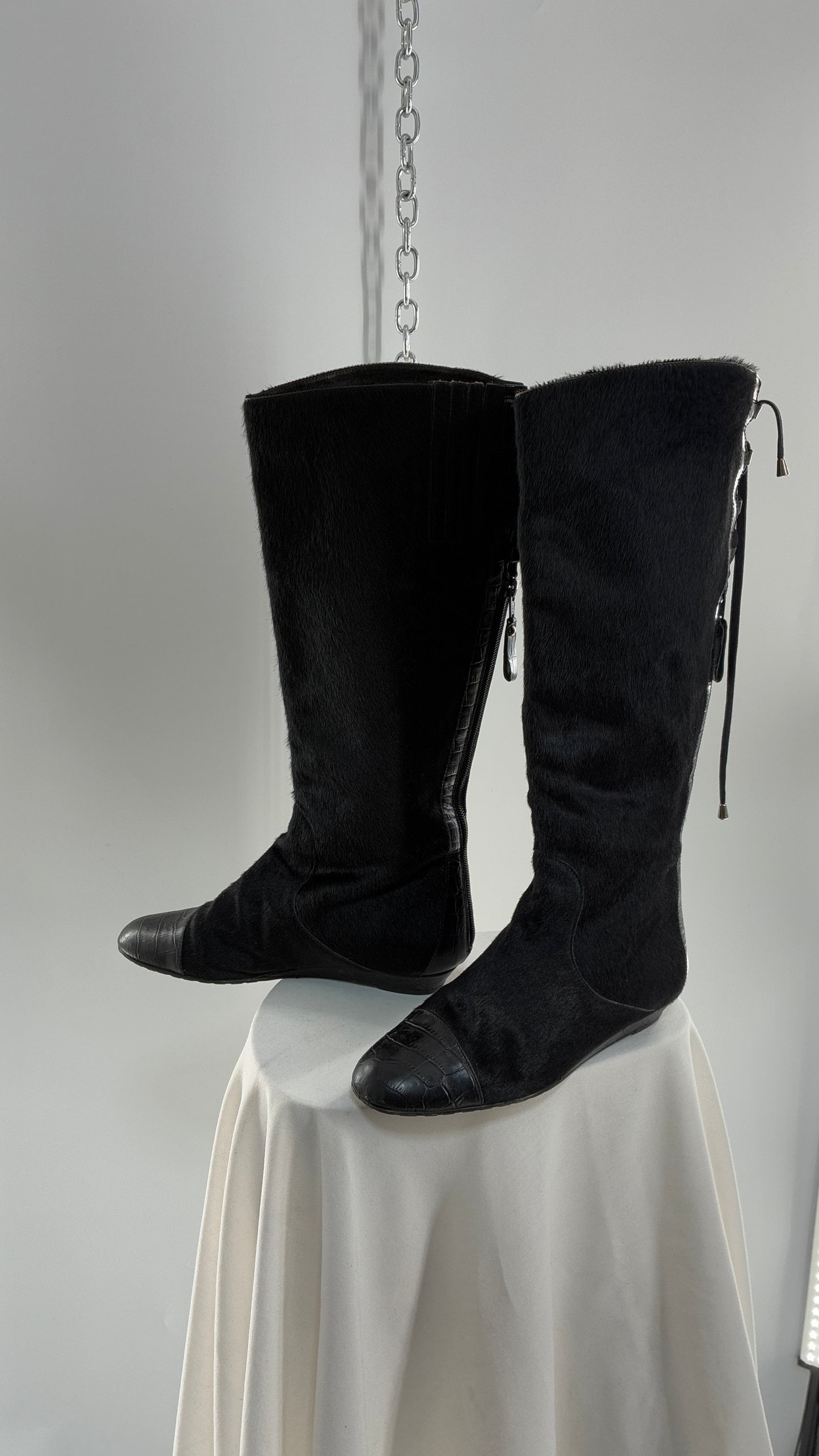 Vintage MIGLIORINI Black Genuine Calf Hair/Fur Boots with Heel, Made in Italy (7.5)