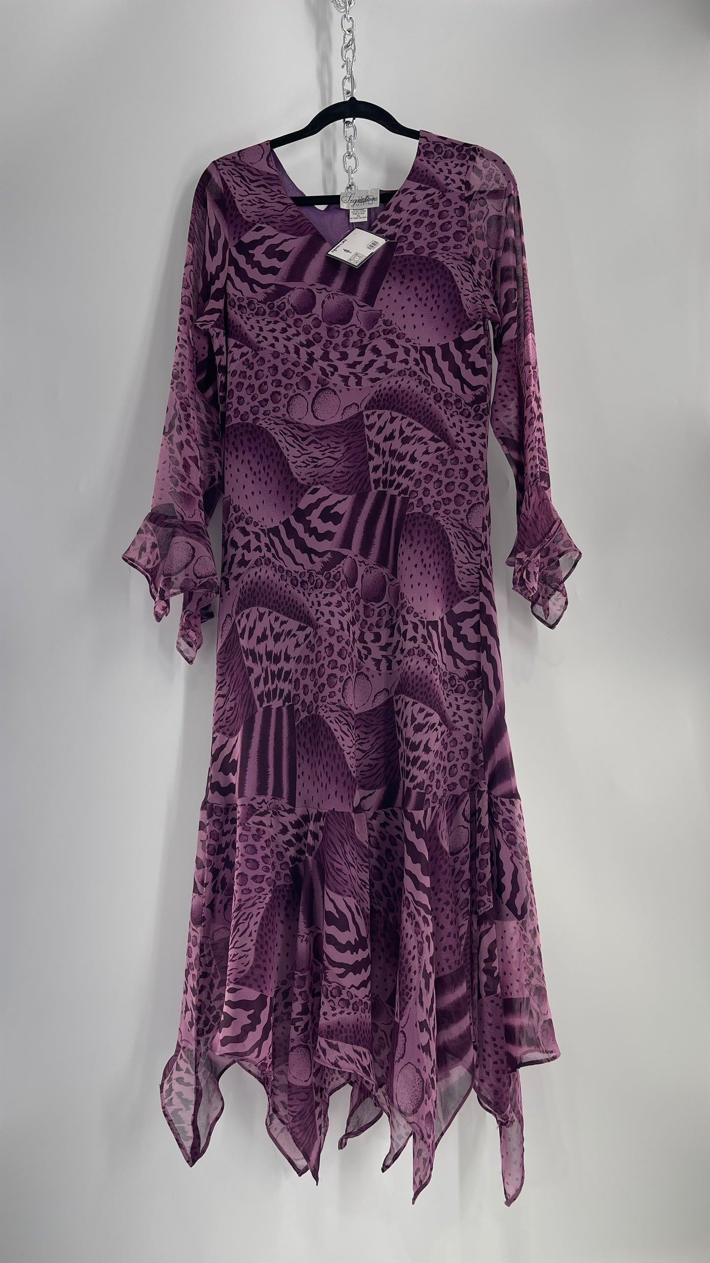 Vintage Signature JMB Suga Plum Fairy, Purple Maxi with Animal Print, Handkerchief Hem and Sleeves (XL)